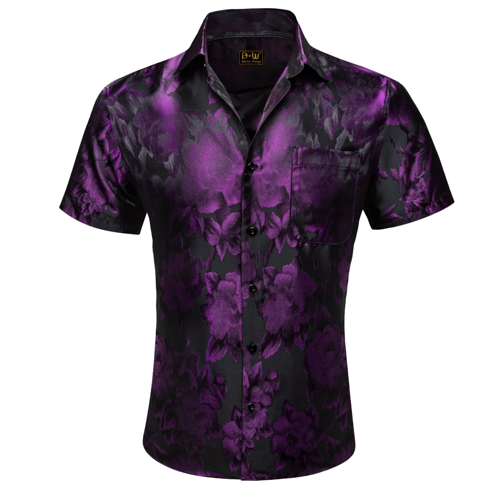 Barry. Wang Purple Black Floral Jacquard Short Sleeve Button Up Shirt for Men sold by Barrywang product image thumbnail 2