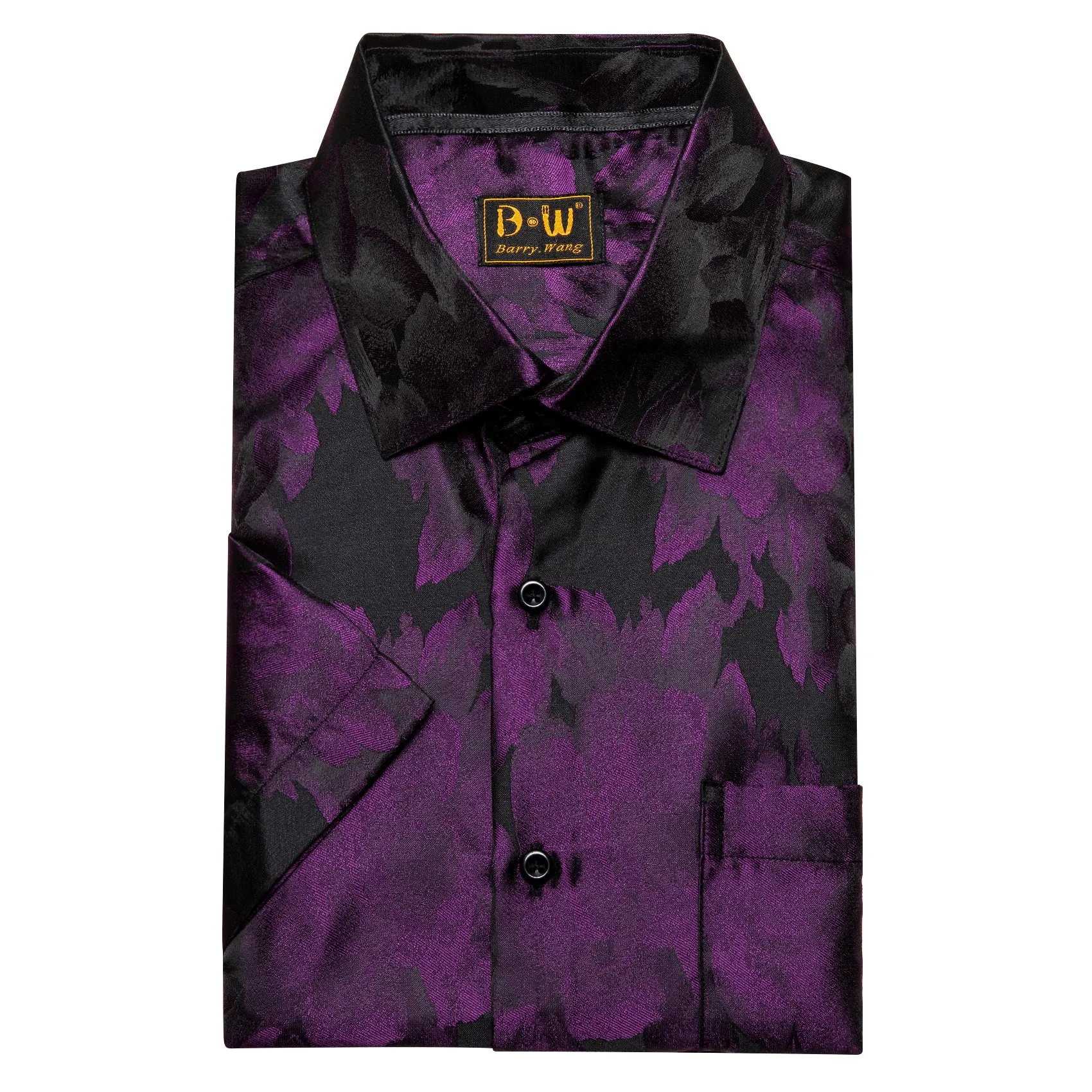 Barry. Wang Purple Black Floral Jacquard Short Sleeve Button Up Shirt for Men sold by Barrywang product image thumbnail 5