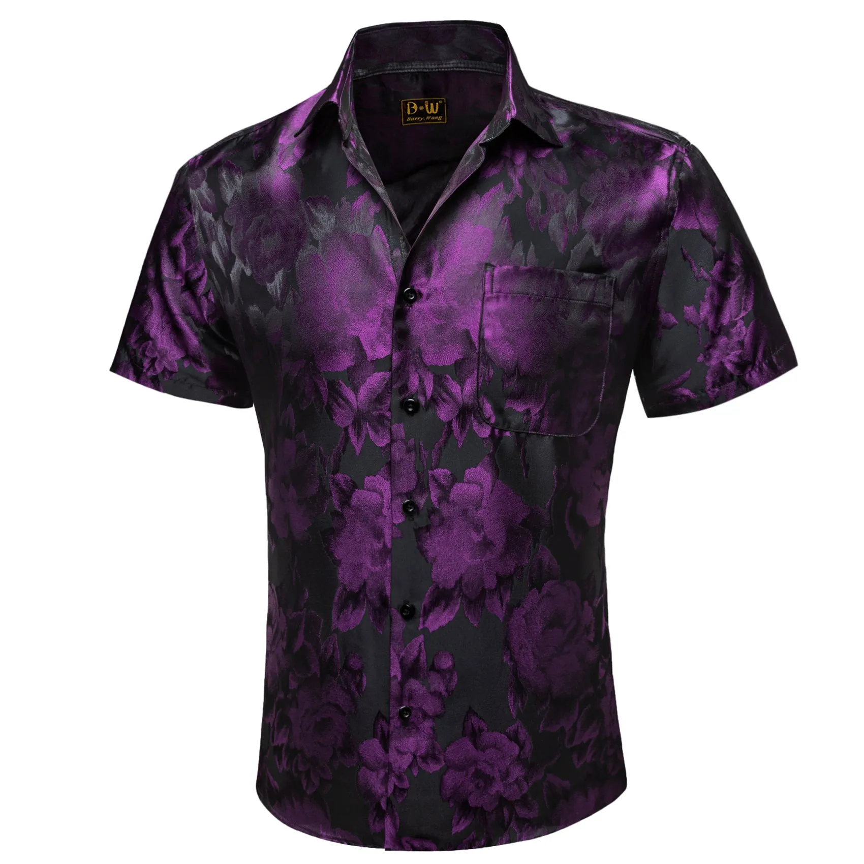 Barry. Wang Purple Black Floral Jacquard Short Sleeve Button Up Shirt for Men sold by Barrywang product image thumbnail 3