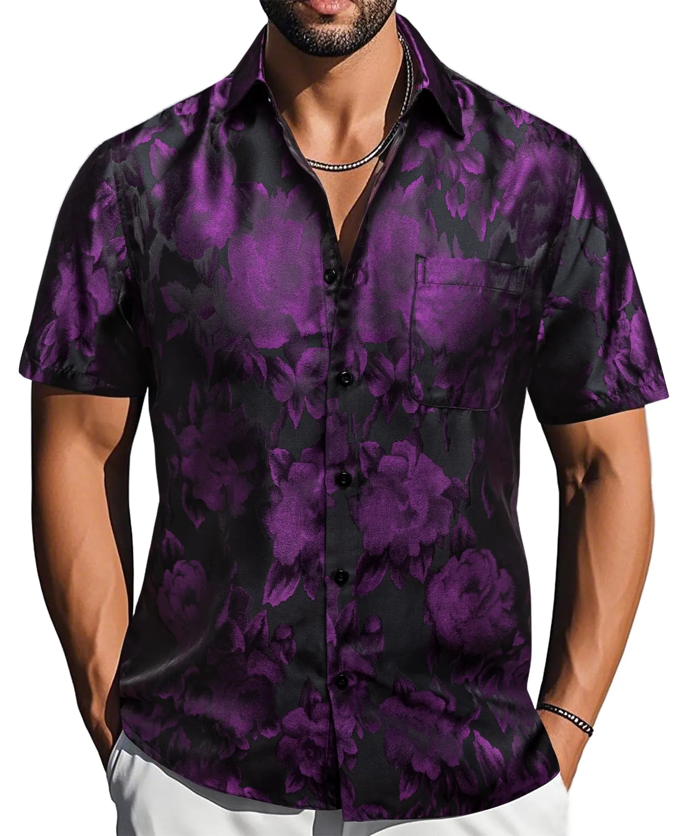 Barry. Wang Purple Black Floral Jacquard Short Sleeve Button Up Shirt for Men sold by Barrywang