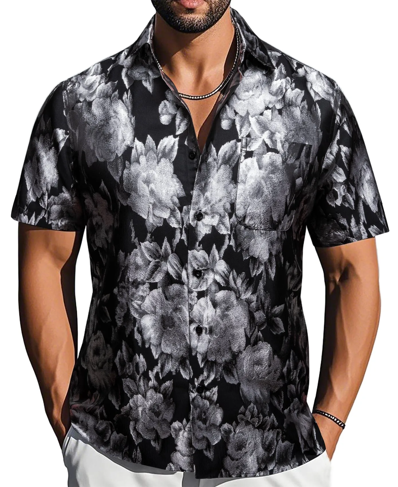 Barry. Wang Grey Black Floral Jacquard Short Sleeve Button Up Shirt for Men sold by Barrywang