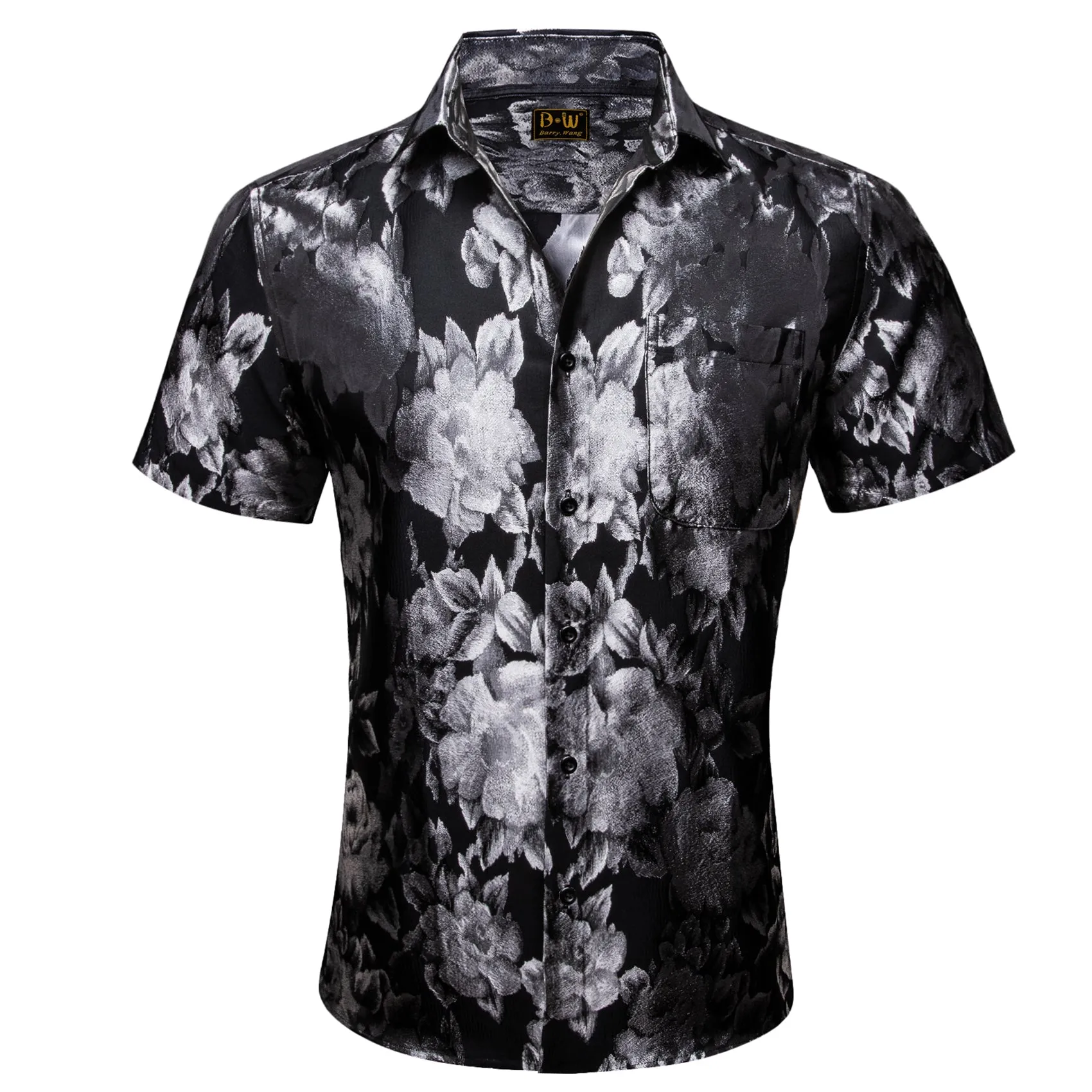 Barry. Wang Grey Black Floral Jacquard Short Sleeve Button Up Shirt for Men sold by Barrywang product image thumbnail 2
