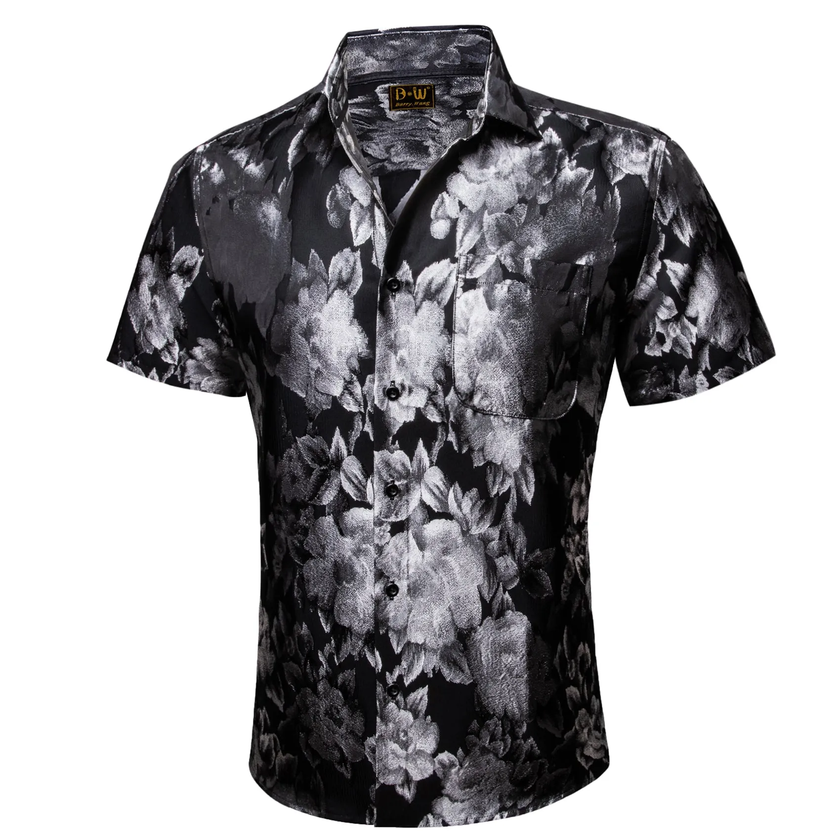 Barry. Wang Grey Black Floral Jacquard Short Sleeve Button Up Shirt for Men sold by Barrywang product image thumbnail 3