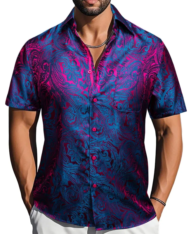 Barry. Wang Blue Purple Paisley Jacquard Short Sleeve Button Up Shirt for Men sold by Barrywang