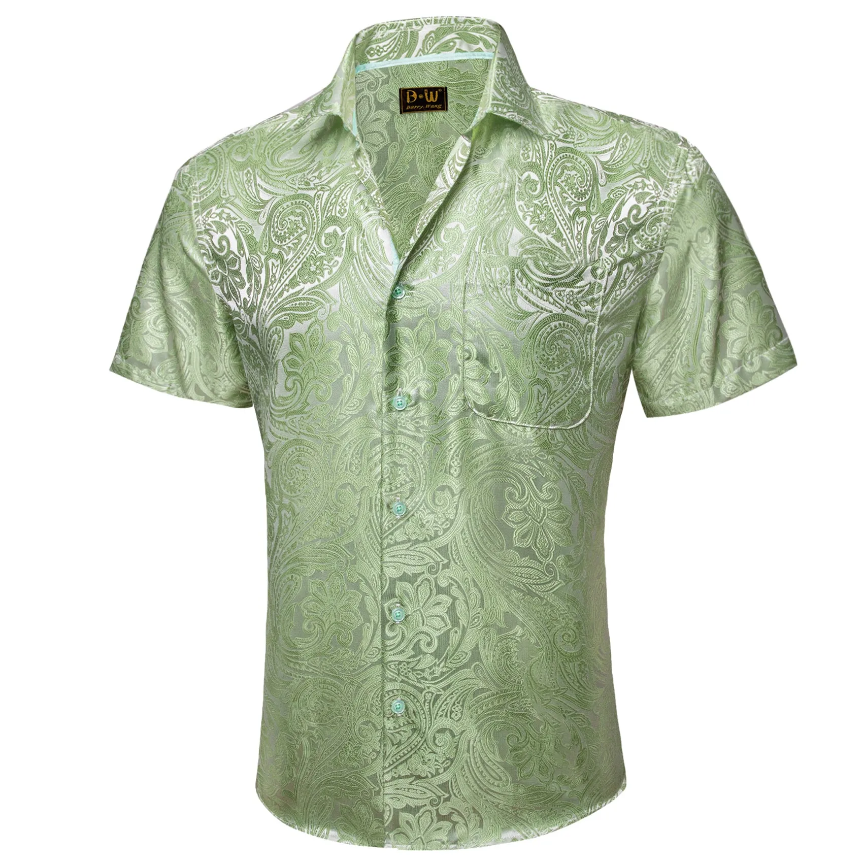 Barry. Wang Moss Green Paisley Jacquard Short Sleeve Button Up Shirt for Men sold by Barrywang product image thumbnail 3