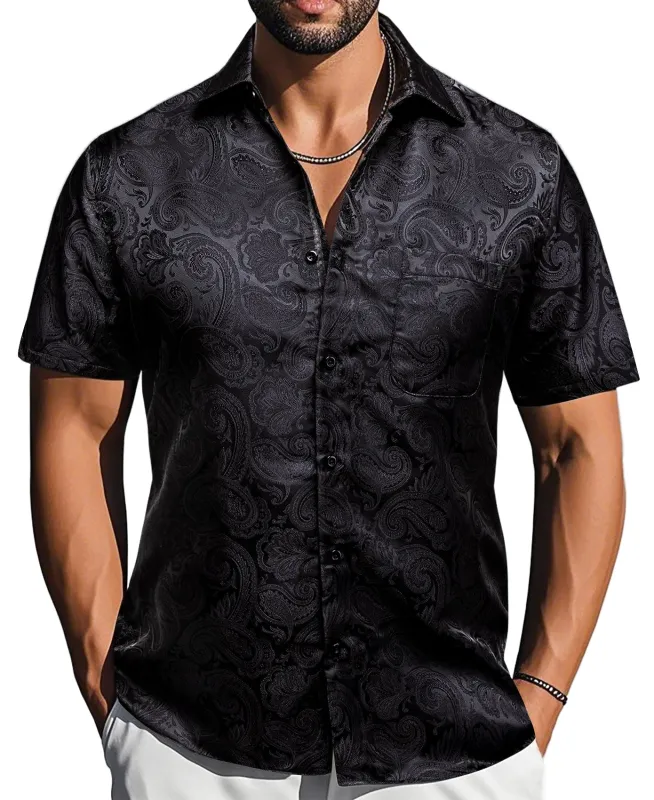Barry. Wang Black Paisley Jacquard Short Sleeve Button Up Shirt for Men sold by Barrywang