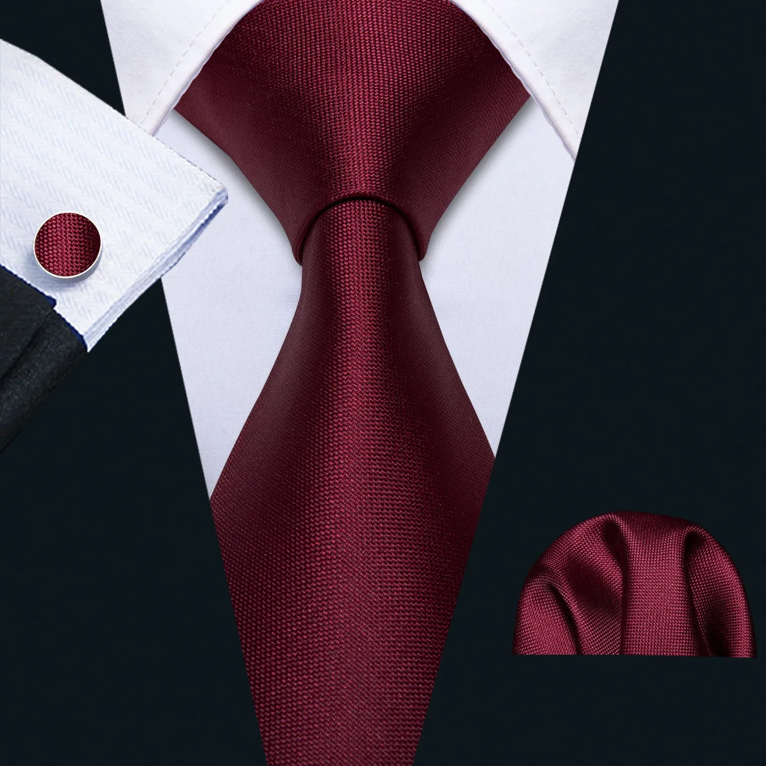 Barry. Wang Mens Burgundy Tie Solid silk Necktie Pocket Square Cufflinks Set for Party sold by Barrywang