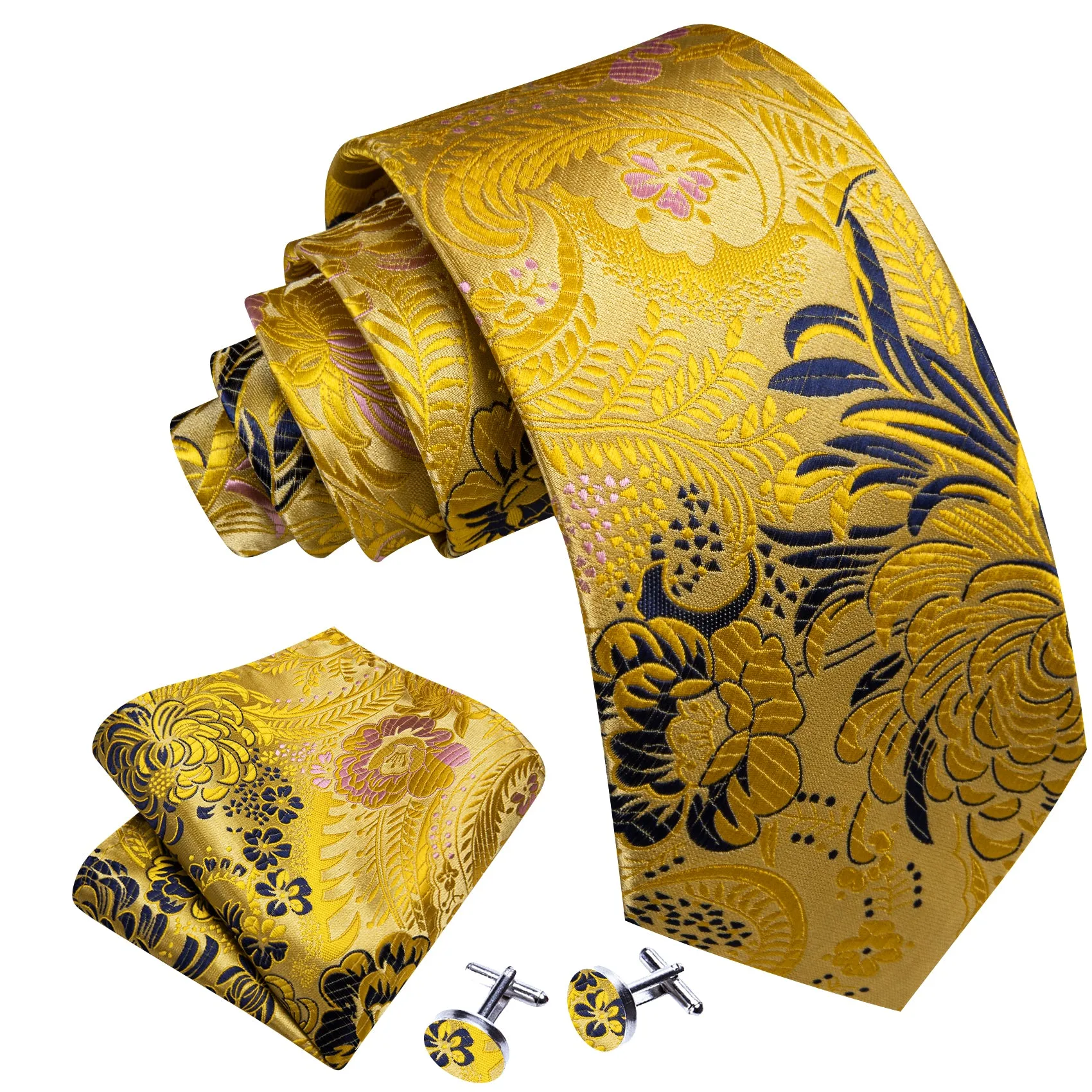 Barry. Wang Floral Necktie Silk Black Gold Tie Handkerchief Cufflinks Set for Men Party sold by Barrywang product image thumbnail 3