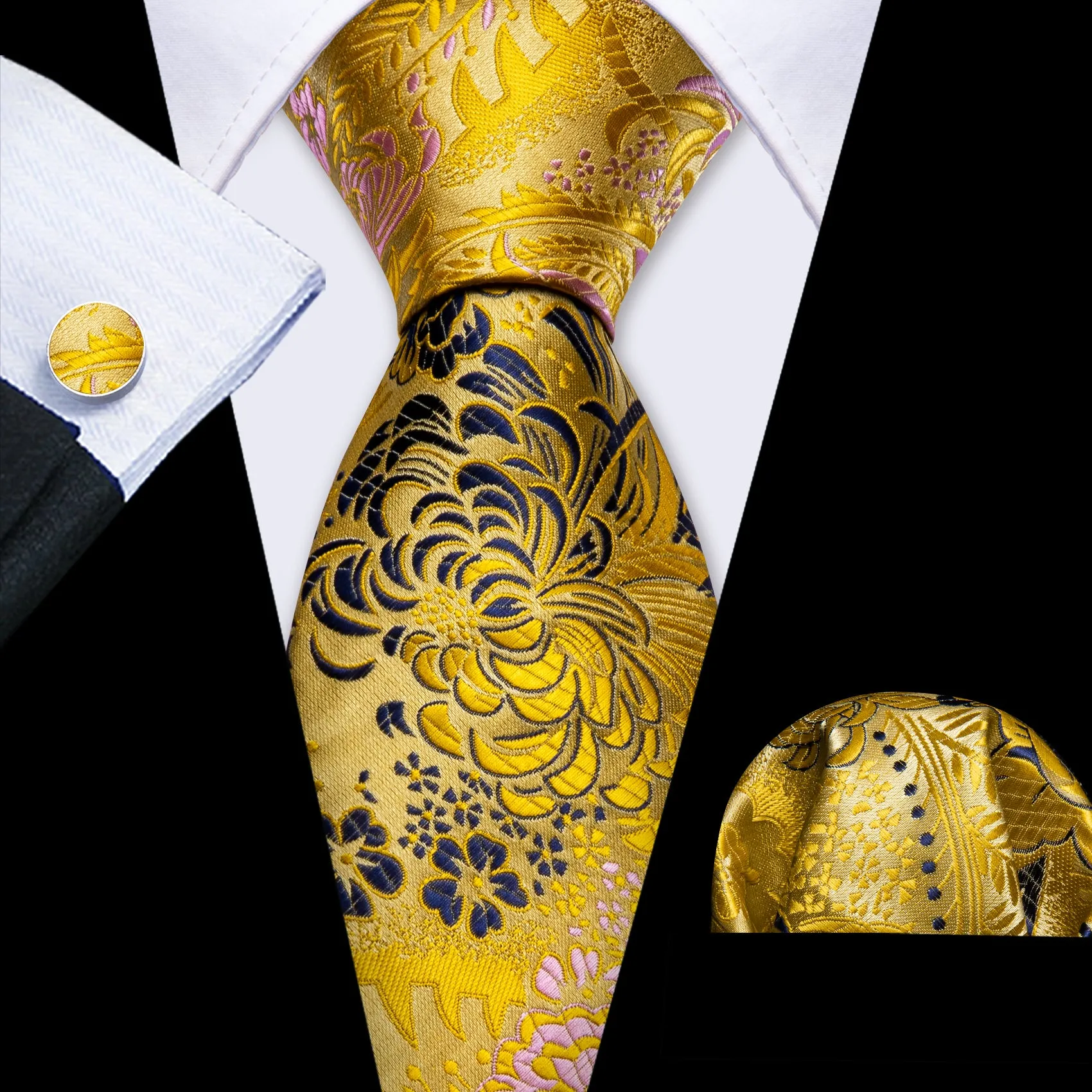 Barry. Wang Floral Necktie Silk Black Gold Tie Handkerchief Cufflinks Set for Men Party sold by Barrywang