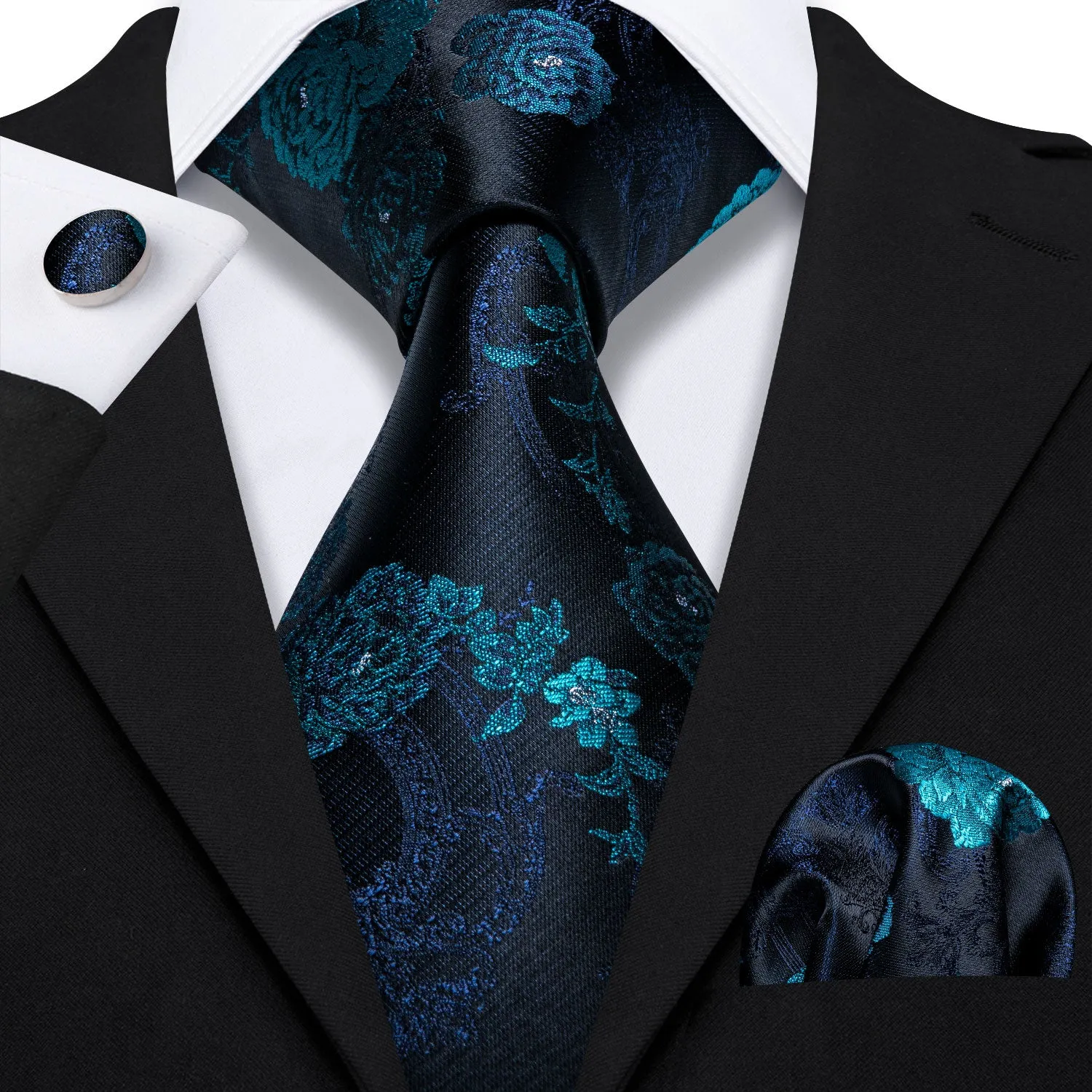 Barry. Wang Floral Necktie Black Blue Silk Mens Tie Pocket Square Cufflinks Set for Wedding sold by Barrywang