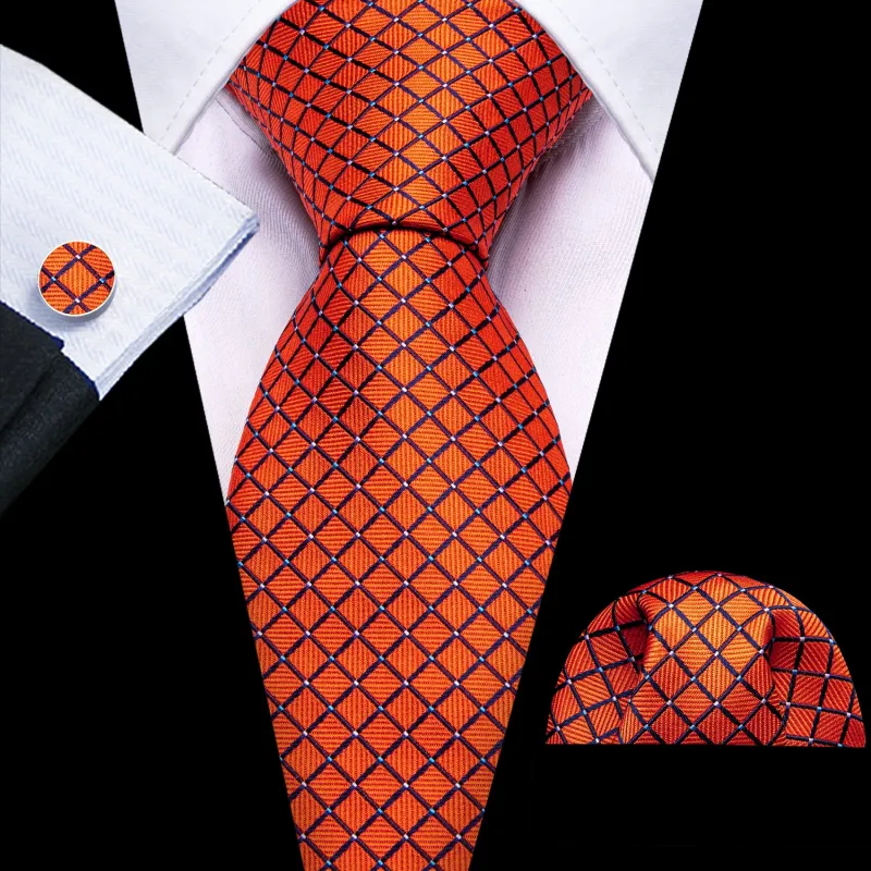 Barry. Wang Mens Burnt Orange Necktie Silk  Plaid Tie Handkerchief Cufflinks Set for Men Business sold by Barrywang