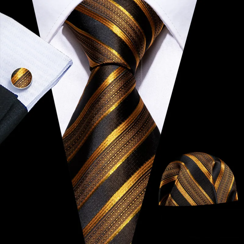 Barry. Wang Black Tie Gold Striped Silk Necktie Handkerchief Cufflinks Set for Men Business sold by Barrywang