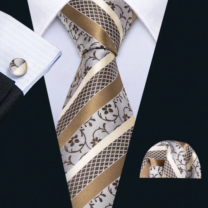 Barry. Wang Floral Tie Silk Champagne White Striped Necktie Pocket Square Cufflinks Set for Men Wedding Business sold by Barrywang