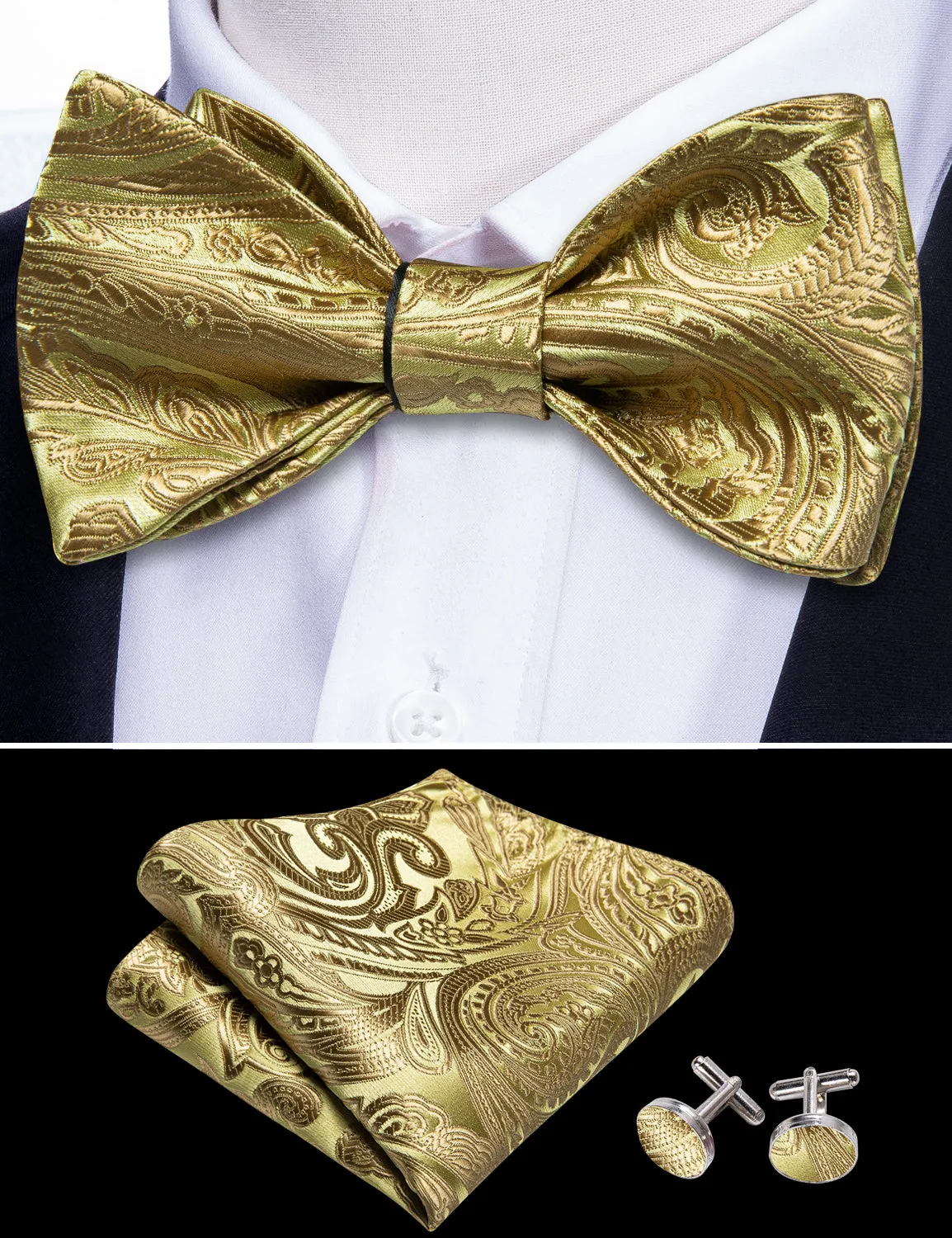 Barry. Wang Mens Paisley Tie Gold Self Tie Bow Tie Hanky Cufflinks Set for Wedding Prom sold by Barrywang