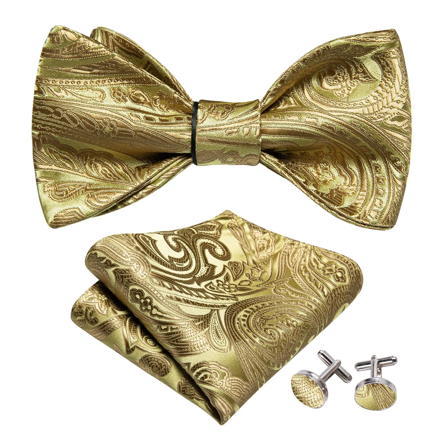 Barry. Wang Mens Paisley Tie Gold Self Tie Bow Tie Hanky Cufflinks Set for Wedding Prom sold by Barrywang product image thumbnail 2