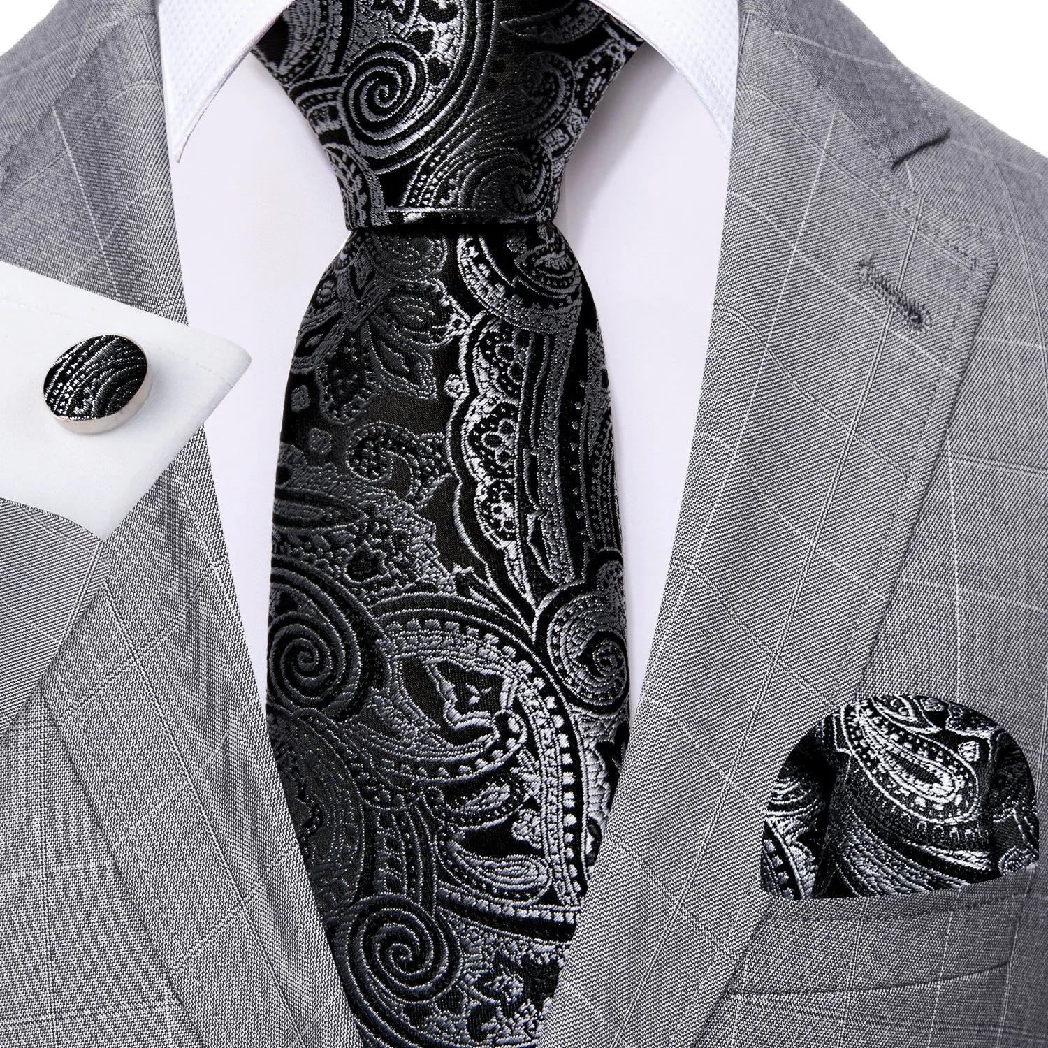 Barry. Wang Black Necktie Silver Paisley Tie Hanky Cufflinks Set for Men Wedding sold by Barrywang product image thumbnail 5