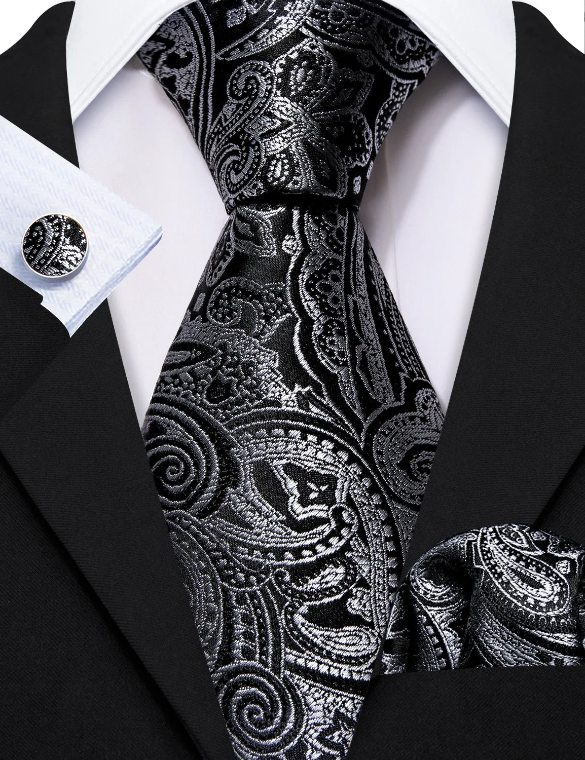 Barry. Wang Black Necktie Silver Paisley Tie Hanky Cufflinks Set for Men Wedding sold by Barrywang product image thumbnail 2
