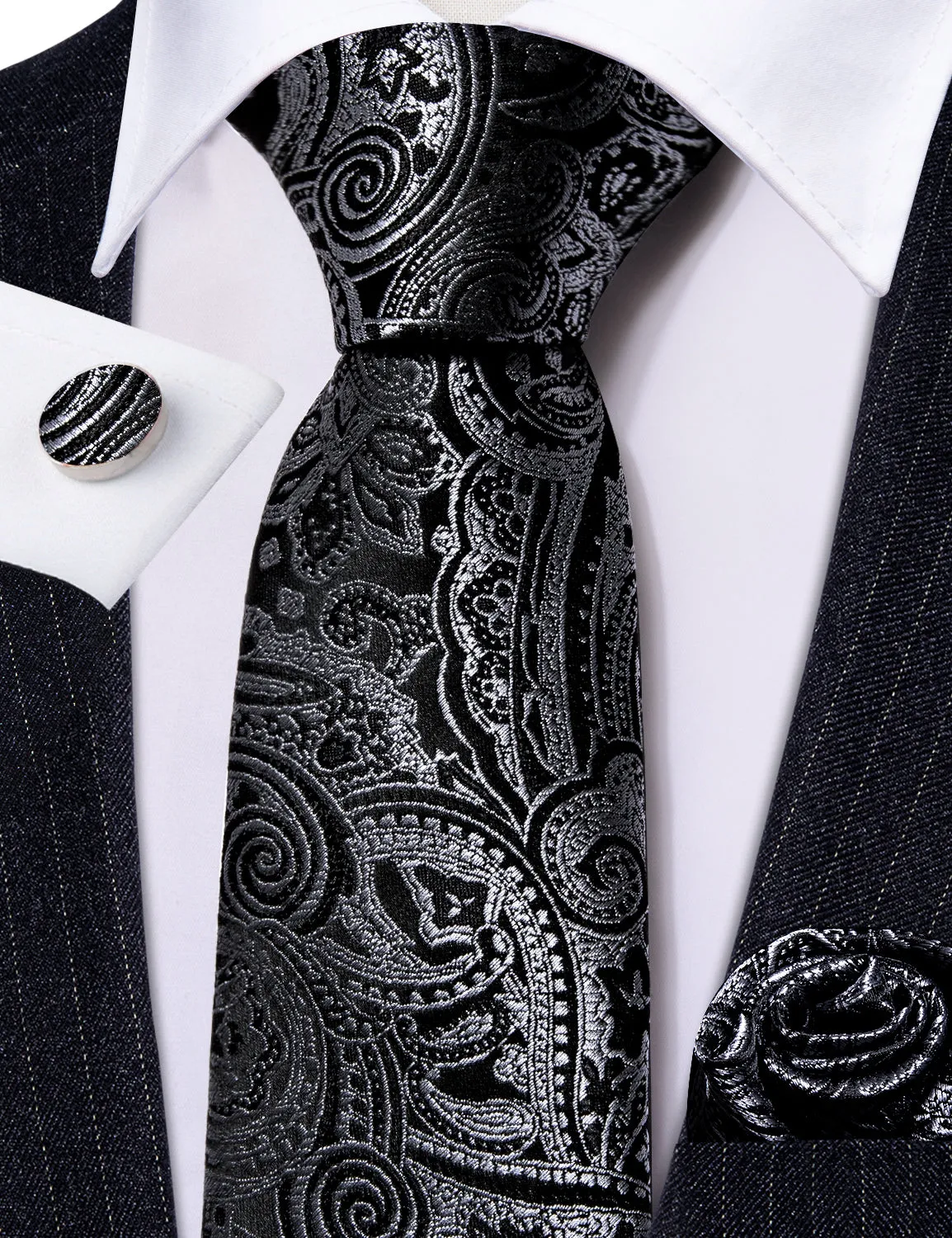 Barry. Wang Black Necktie Silver Paisley Tie Hanky Cufflinks Set for Men Wedding sold by Barrywang product image thumbnail 4