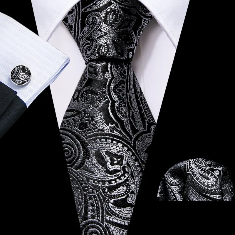 Barry. Wang Black Necktie Silver Paisley Tie Hanky Cufflinks Set for Men Wedding sold by Barrywang