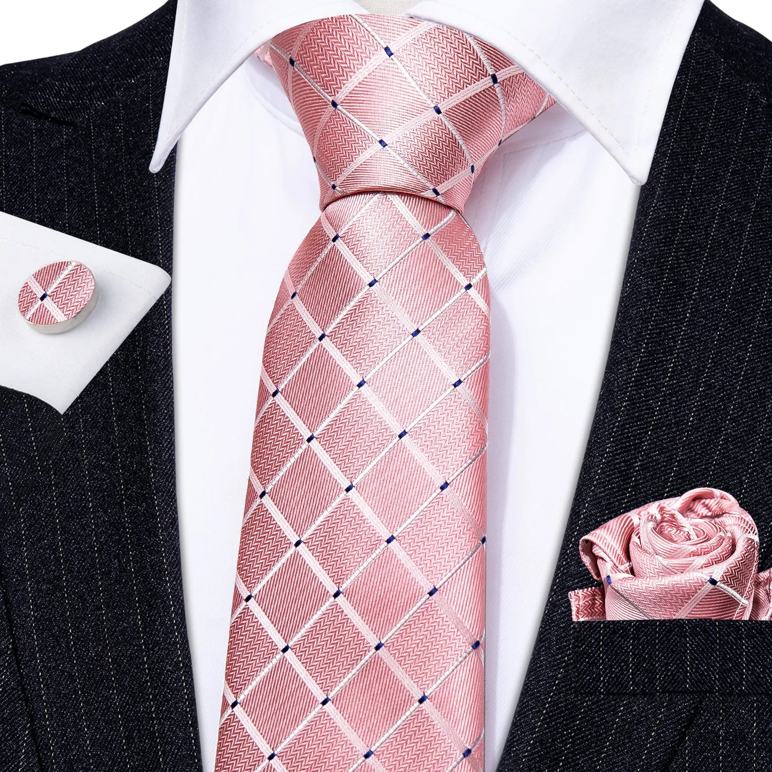 Barry. Wang Mens Plaid Tie Pink Blue Dot Necktie Pocket Square Cufflinks Set for Party sold by Barrywang product image thumbnail 4