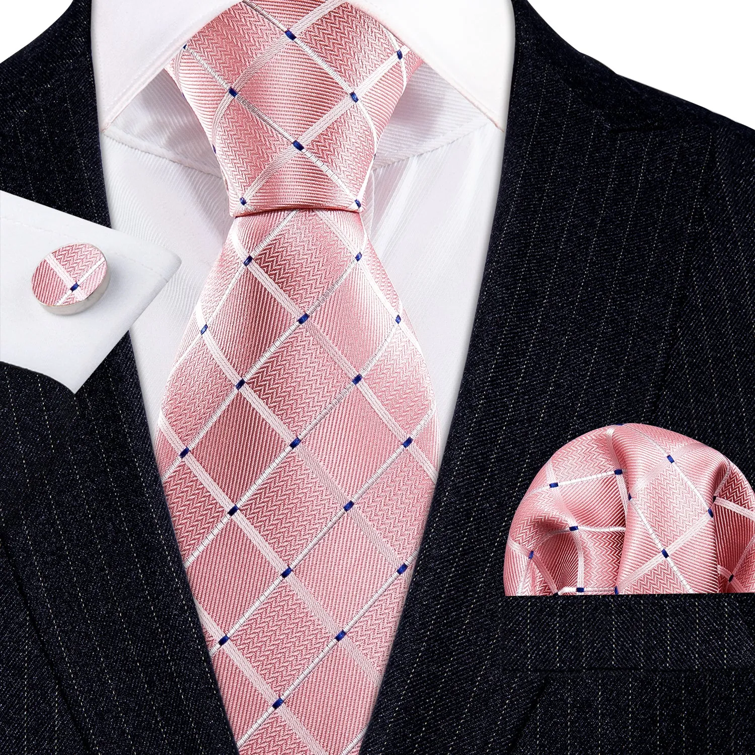 Barry. Wang Mens Plaid Tie Pink Blue Dot Necktie Pocket Square Cufflinks Set for Party sold by Barrywang product image thumbnail 3