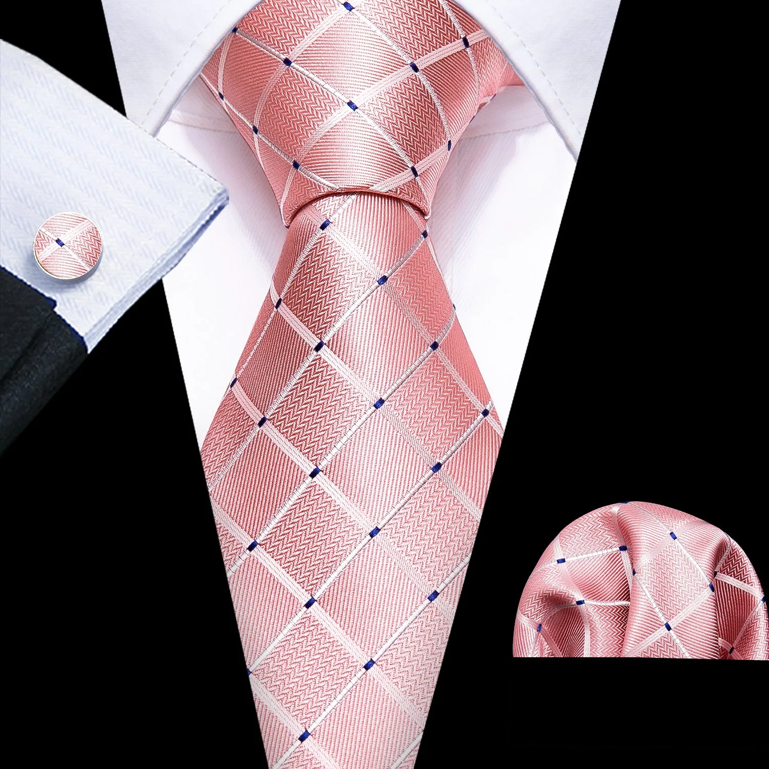 Barry. Wang Mens Plaid Tie Pink Blue Dot Necktie Pocket Square Cufflinks Set for Party sold by Barrywang