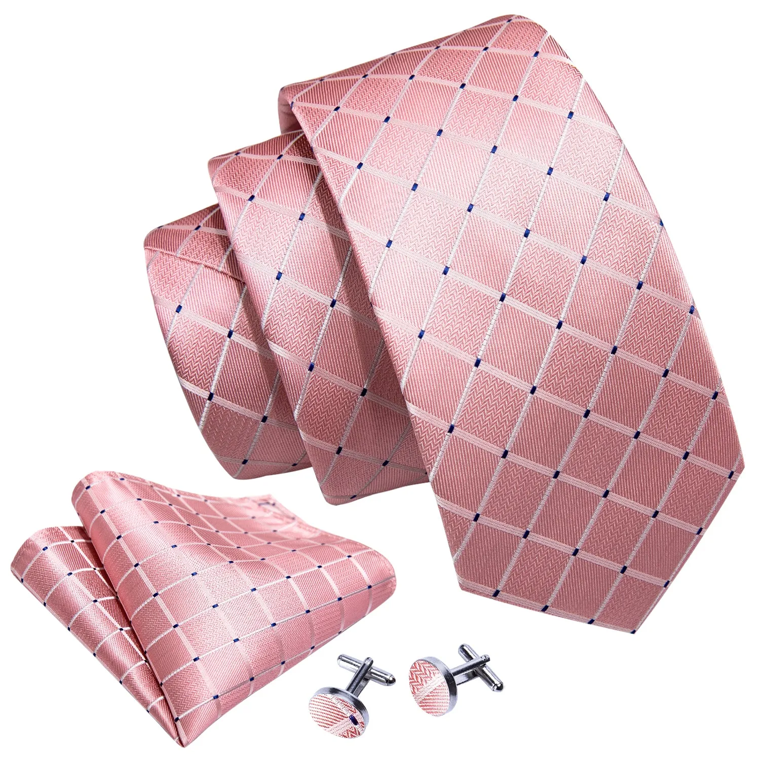 Barry. Wang Mens Plaid Tie Pink Blue Dot Necktie Pocket Square Cufflinks Set for Party sold by Barrywang product image thumbnail 5