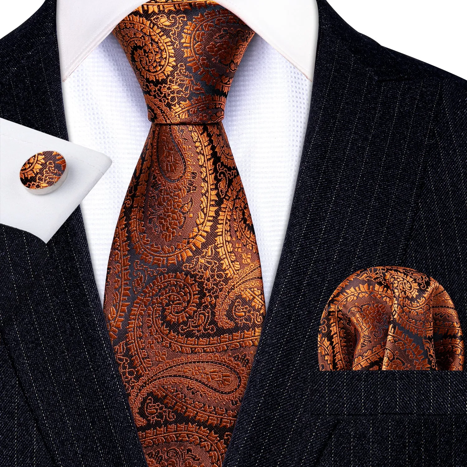 Barry. Wang Mens Paisley Tie Silk Burnt Orange Black Necktie Hanky Cufflinks Set for Prom Wedding sold by Barrywang