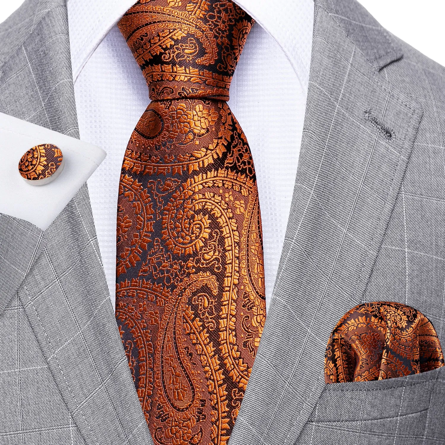 Barry. Wang Mens Paisley Tie Silk Burnt Orange Black Necktie Hanky Cufflinks Set for Prom Wedding sold by Barrywang product image thumbnail 2