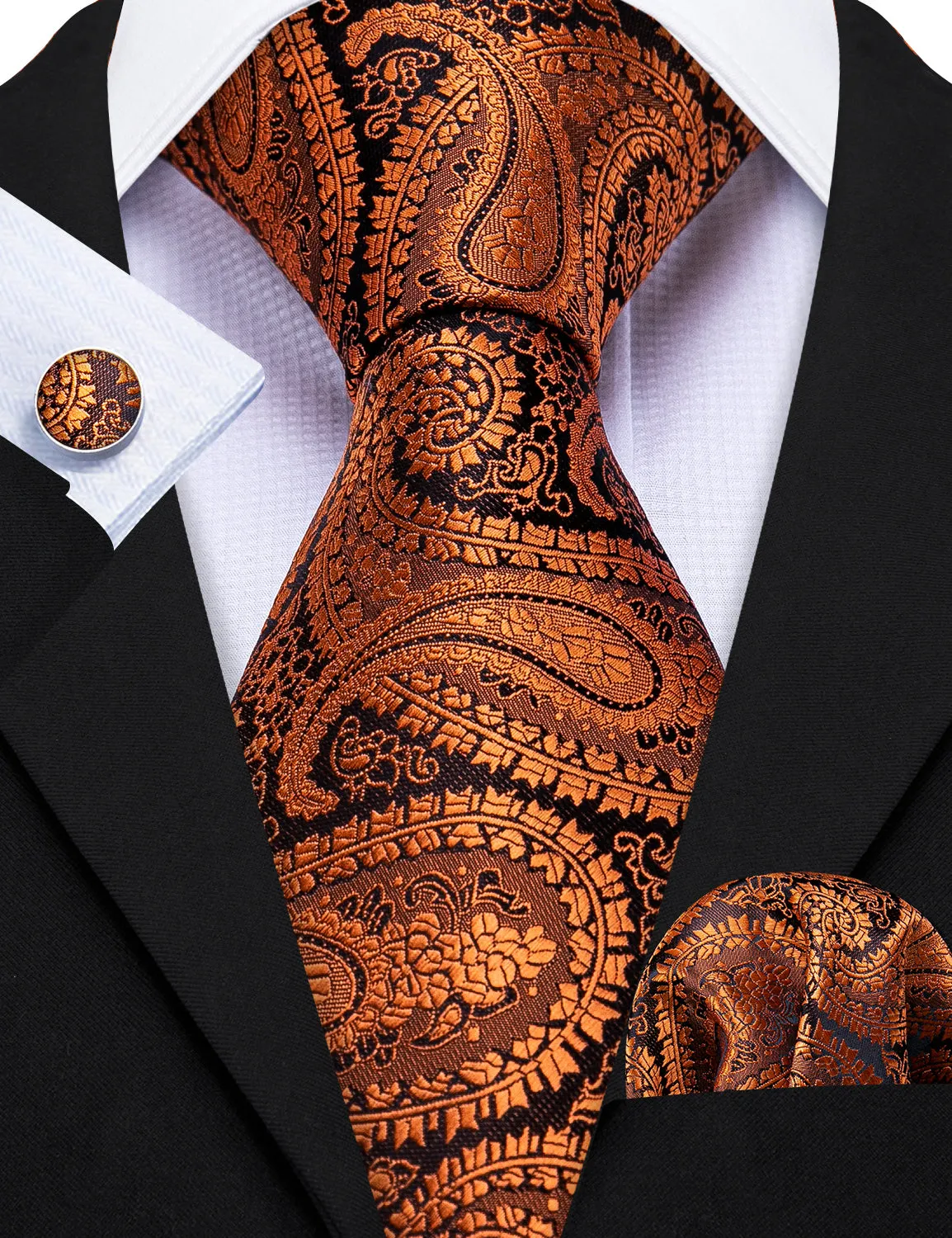 Barry. Wang Mens Paisley Tie Silk Burnt Orange Black Necktie Hanky Cufflinks Set for Prom Wedding sold by Barrywang product image thumbnail 3