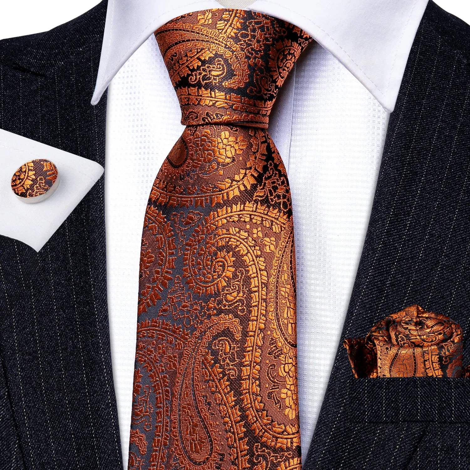 Barry. Wang Mens Paisley Tie Silk Burnt Orange Black Necktie Hanky Cufflinks Set for Prom Wedding sold by Barrywang product image thumbnail 5