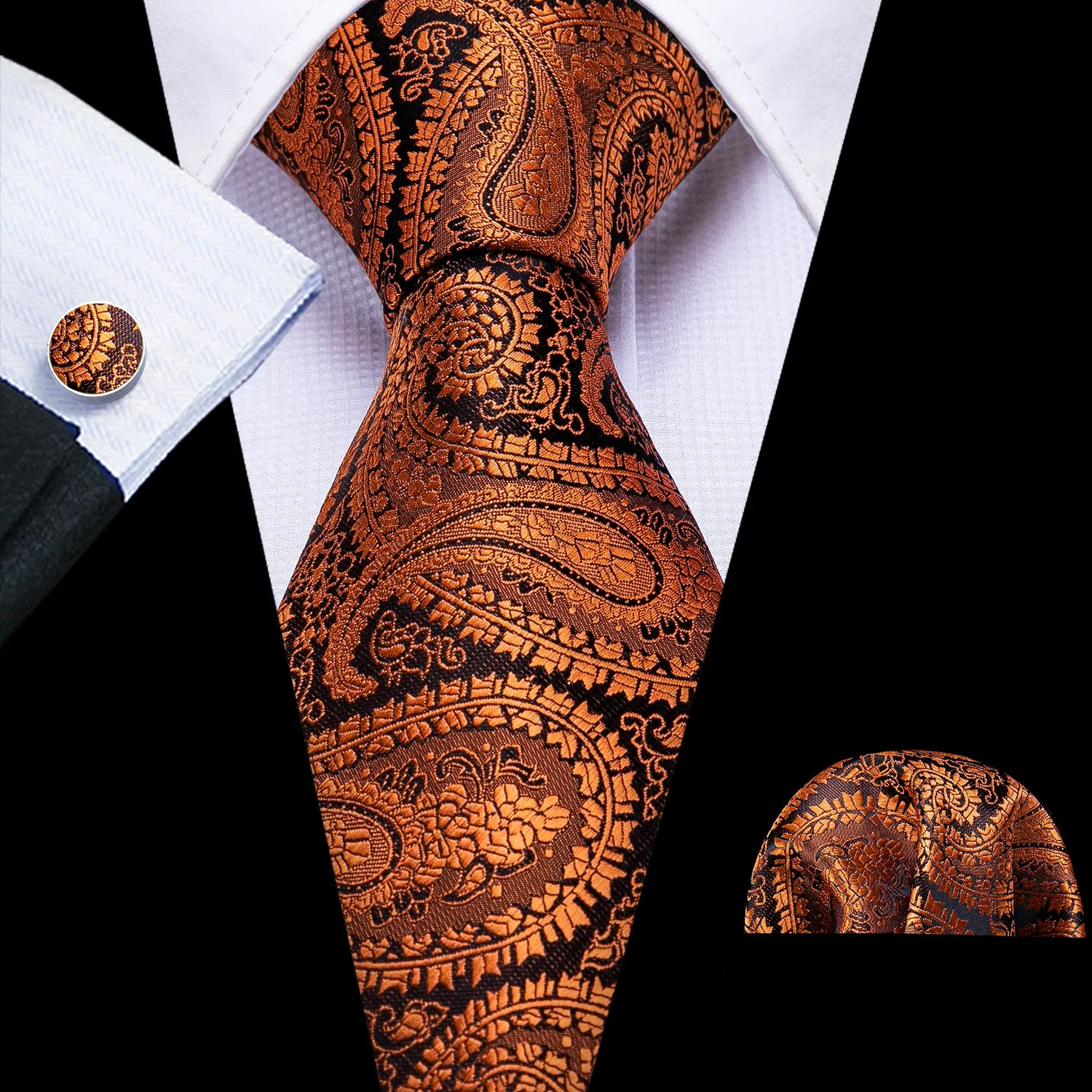Barry. Wang Mens Paisley Tie Silk Burnt Orange Black Necktie Hanky Cufflinks Set for Prom Wedding sold by Barrywang product image thumbnail 4