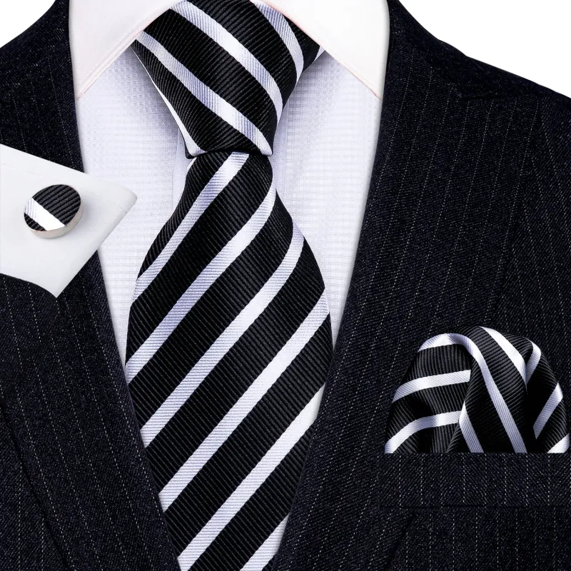 Barry. Wang Black Striped Tie Silk White Necktie Necktie Handkerchief Cufflinks Set for Wedding Business sold by Barrywang