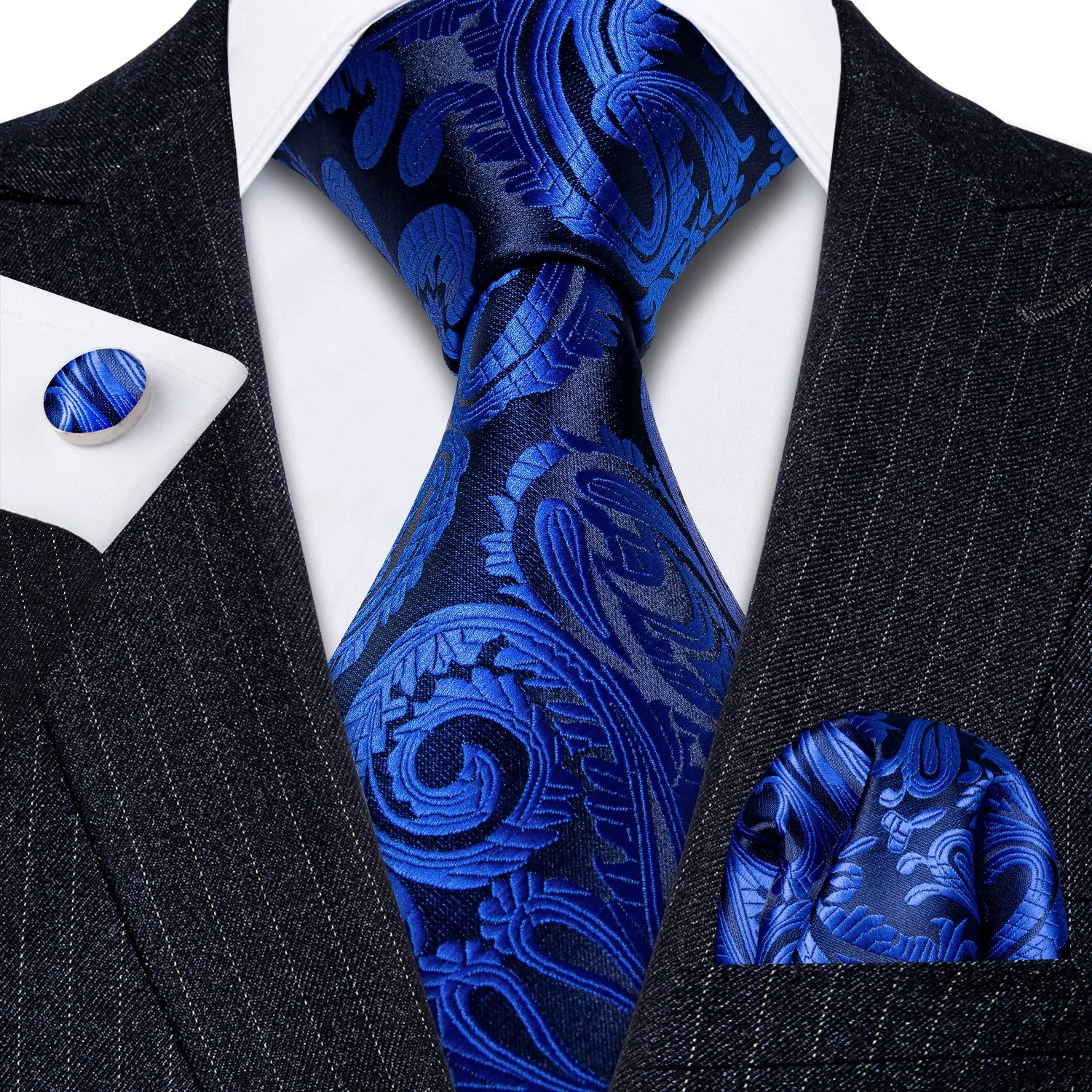 Barry. Wang Blue Paisley Necktie Men's Silk Tie Pocket Square Cufflinks Set for Wedding Party sold by Barrywang