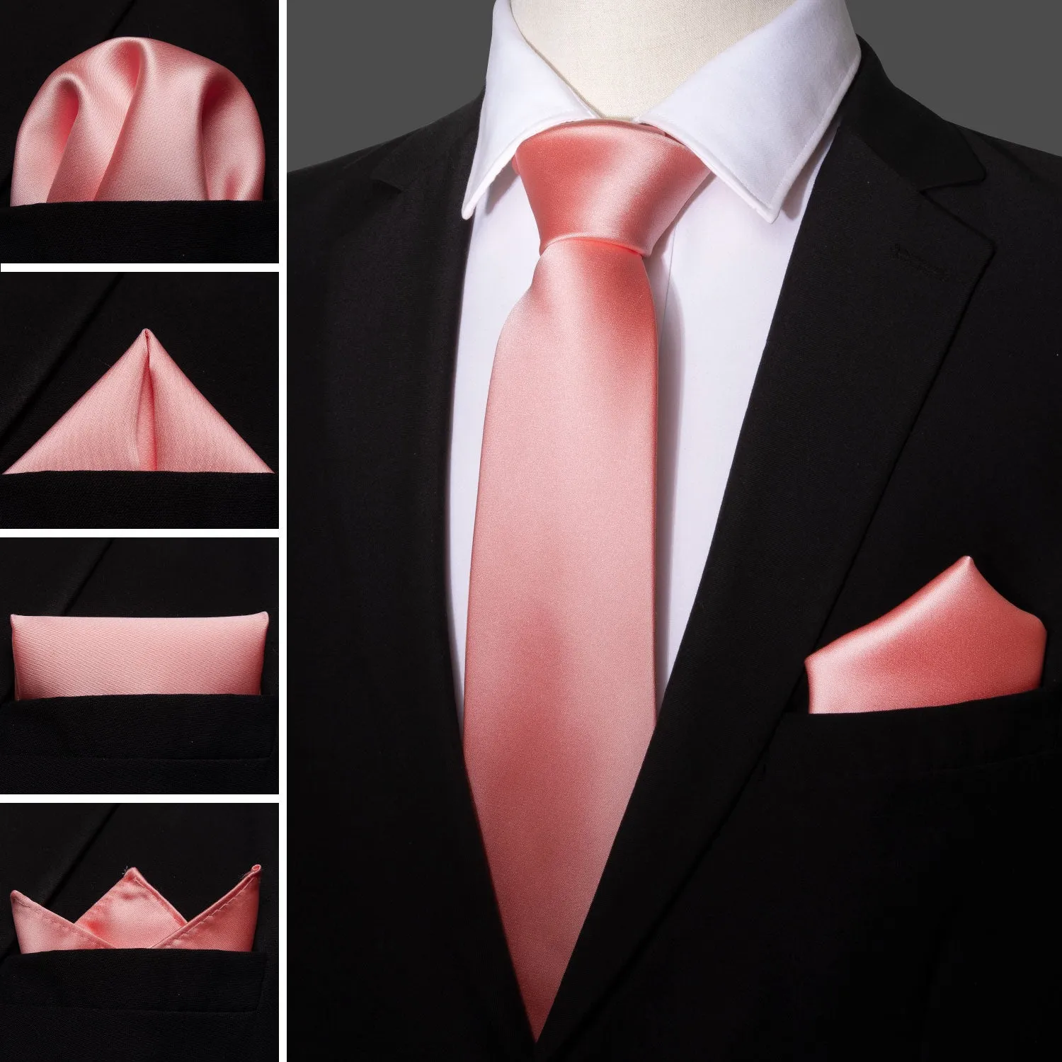 Barry. Wang Solid Tie Coral Pink Necktie Pocket Square Cufflinks Set for Men Wedding Prom sold by Barrywang product image thumbnail 2