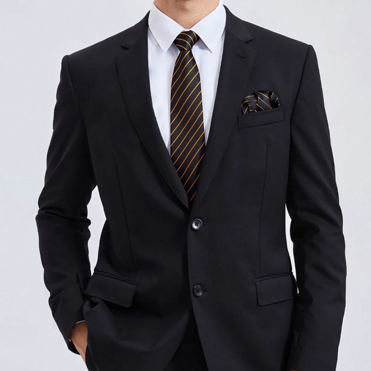 Barry. Wang Black Striped Tie Gold Silk Necktie Pocket Square Cufflinks Set for Men Business sold by Barrywang product image thumbnail 3