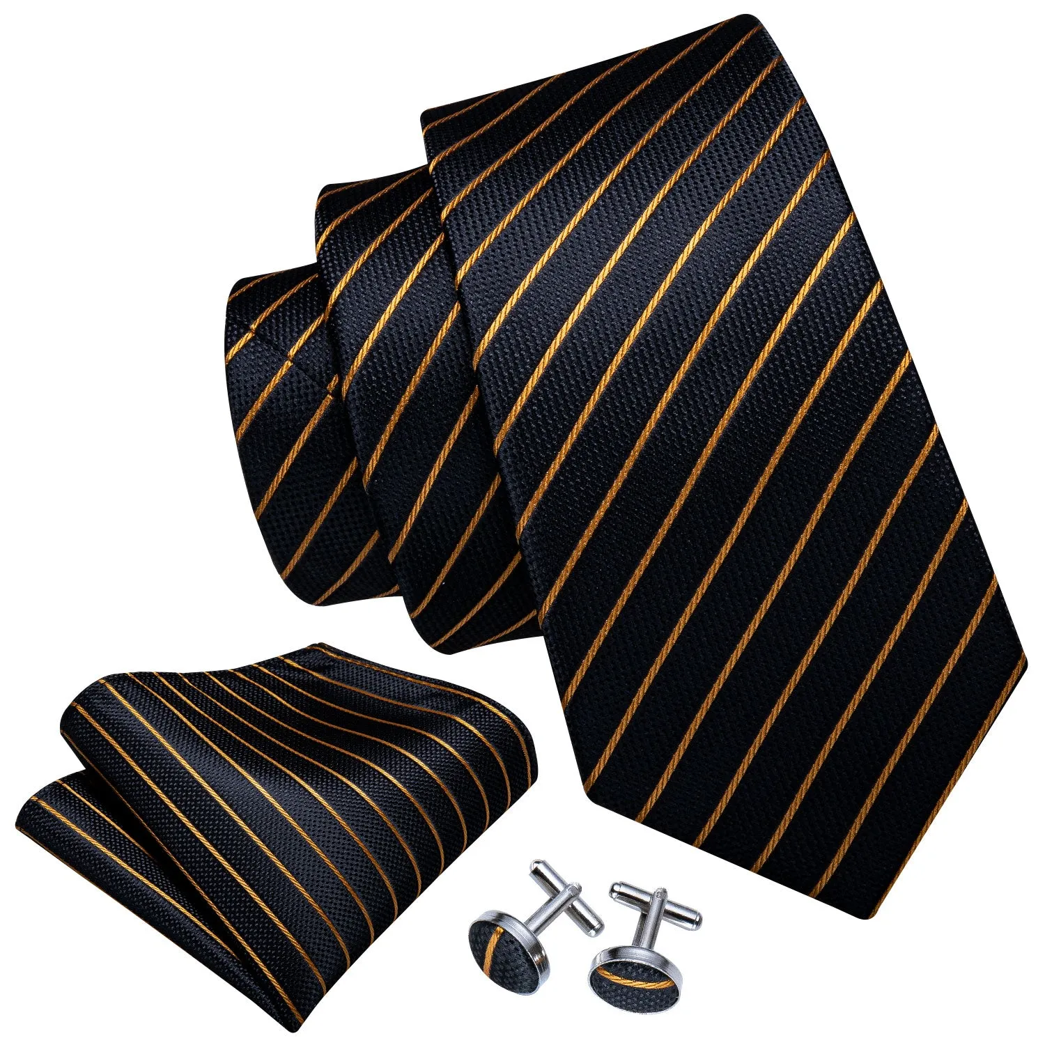 Barry. Wang Black Striped Tie Gold Silk Necktie Pocket Square Cufflinks Set for Men Business sold by Barrywang product image thumbnail 2