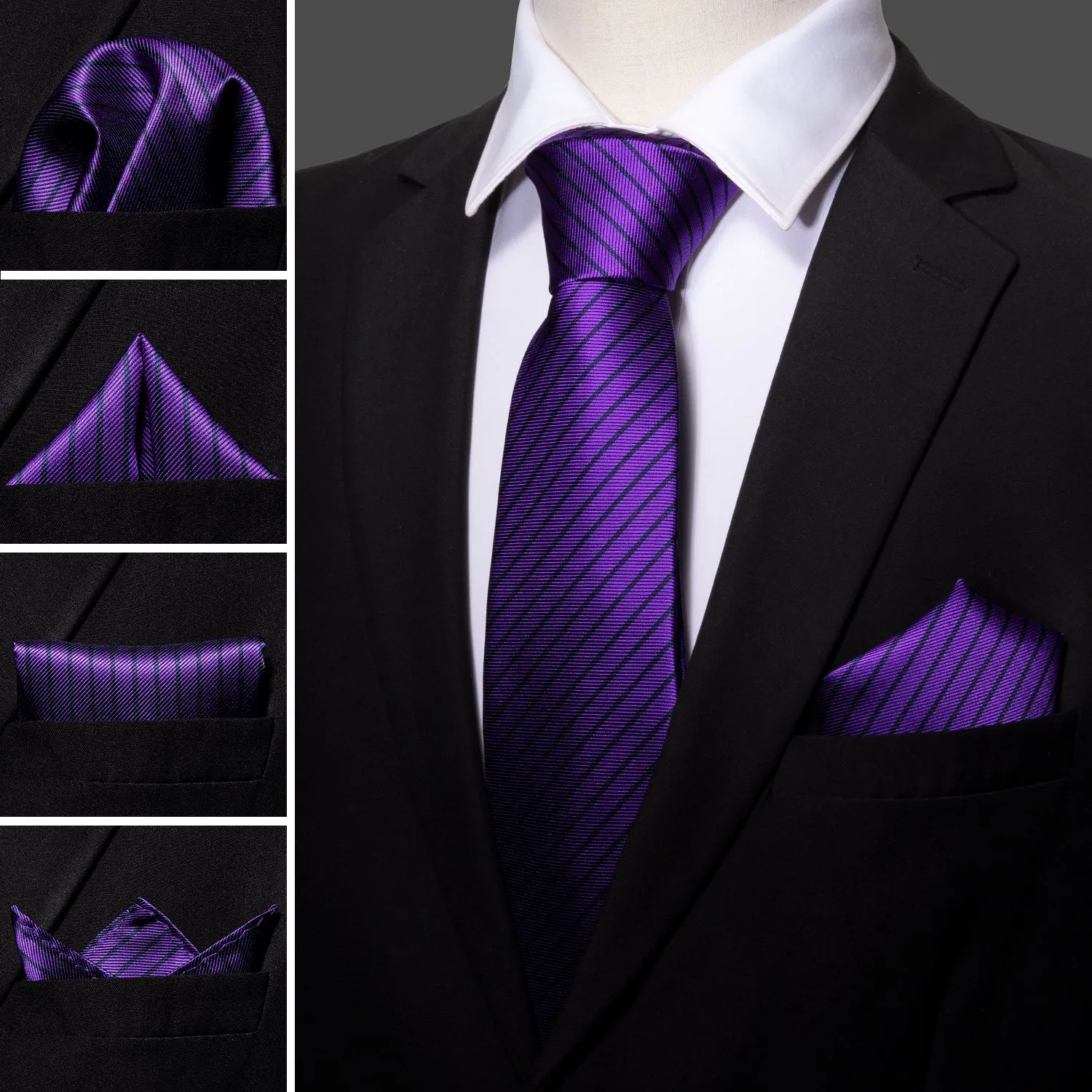Barry. Wang Black Mens Tie Purple Silk Necktie Hanky Cufflinks Set for Business sold by Barrywang product image thumbnail 2