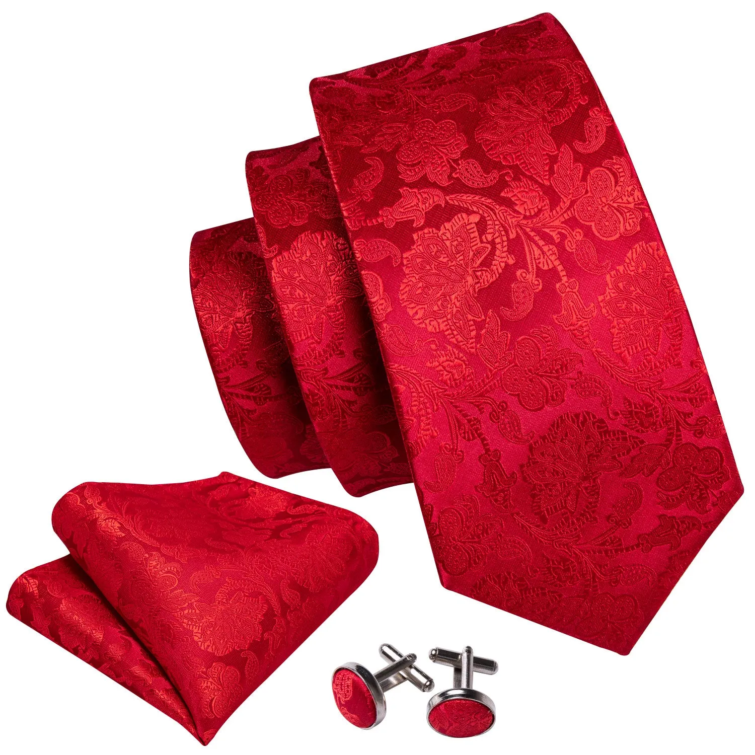 Barry. Wang Floral Tie Silk Red Necktie Pocket Square Cufflinks Set for Party, 63 inches sold by Barrywang product image thumbnail 2