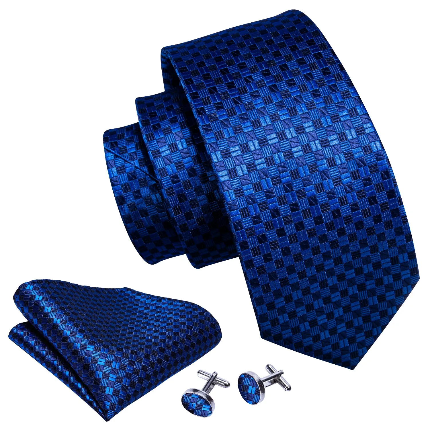 Barry. Wang Mens Royal Blue Tie Silk Plaid Necktie Pocket Square Cufflinks Set for Business sold by Barrywang product image thumbnail 5