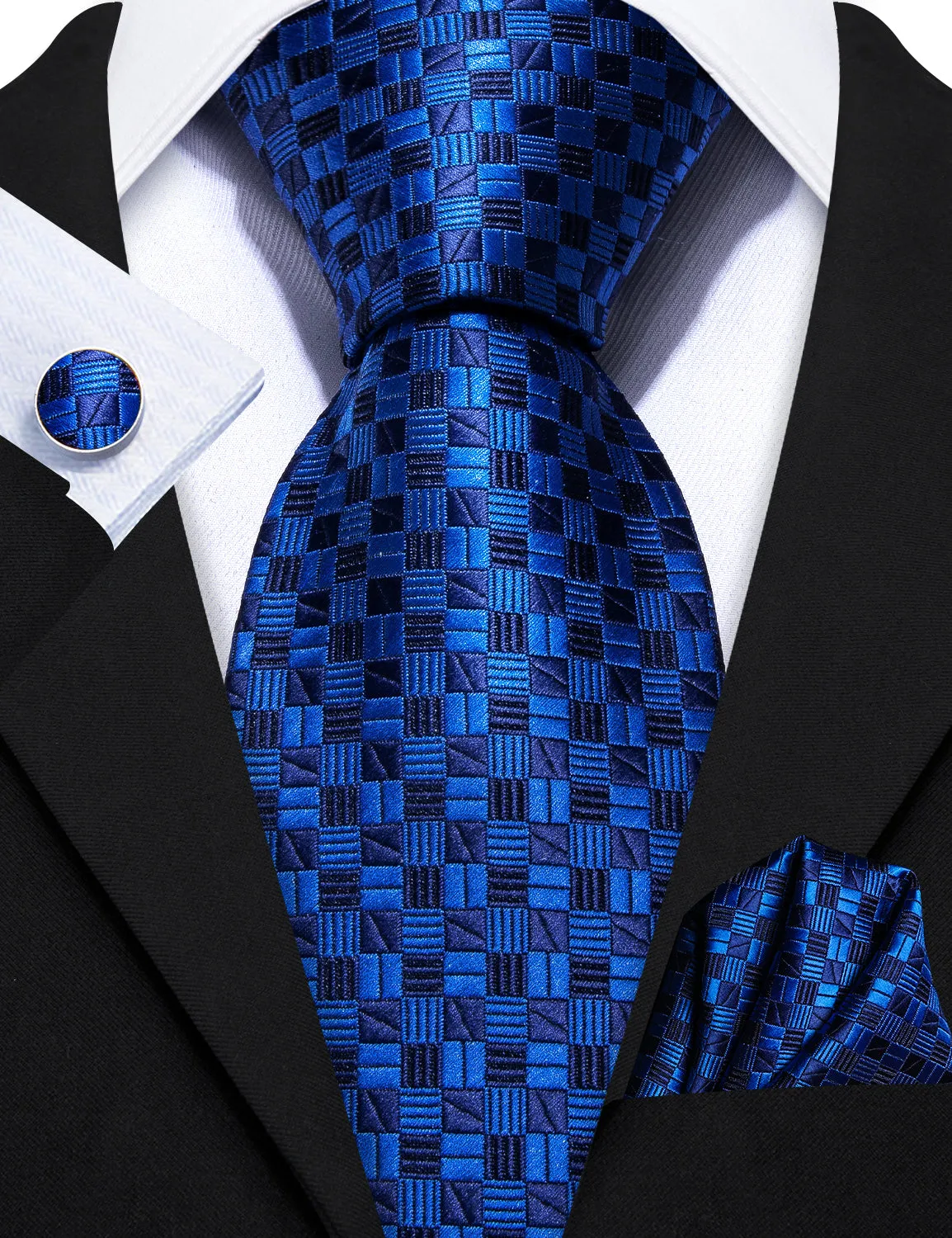 Barry. Wang Mens Royal Blue Tie Silk Plaid Necktie Pocket Square Cufflinks Set for Business sold by Barrywang product image thumbnail 4