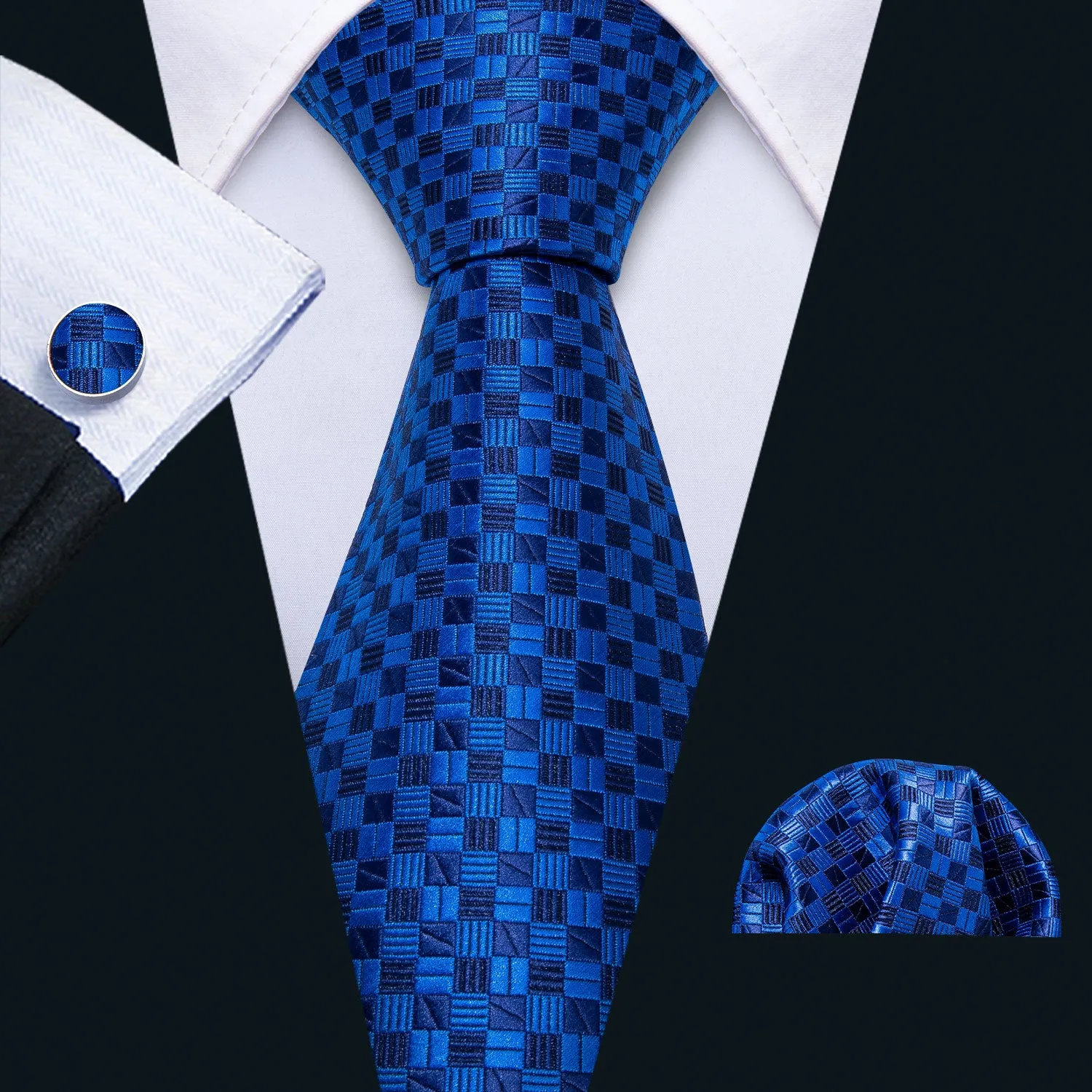 Barry. Wang Mens Royal Blue Tie Silk Plaid Necktie Pocket Square Cufflinks Set for Business sold by Barrywang