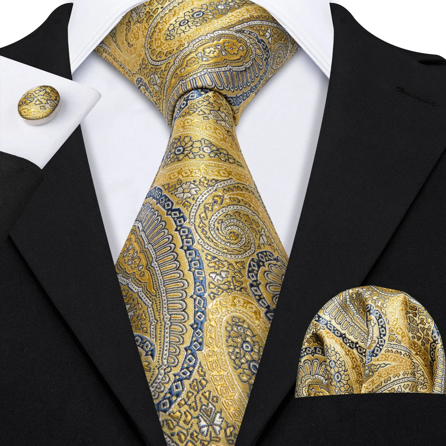 Barry. Wang Mens Silk Tie Yellow Blue Paisley Necktie Handkerchief Cufflinks Set for Wedding sold by Barrywang