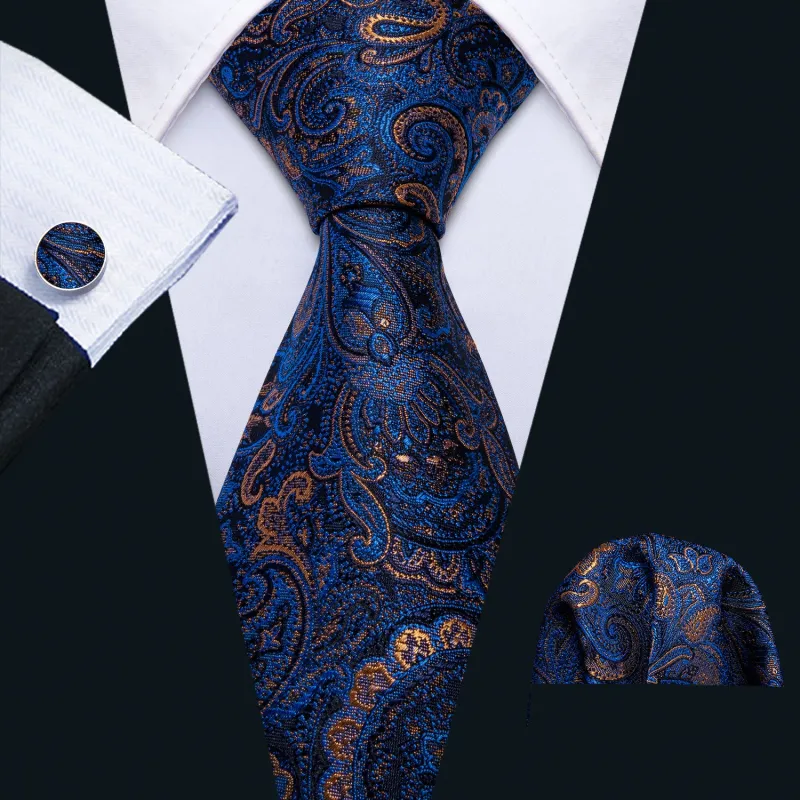 Barry. Wang Blue Tie Silk Gold Paisley Jacquard Necktie Pocket Square Cufflinks Set for Men Prom sold by Barrywang
