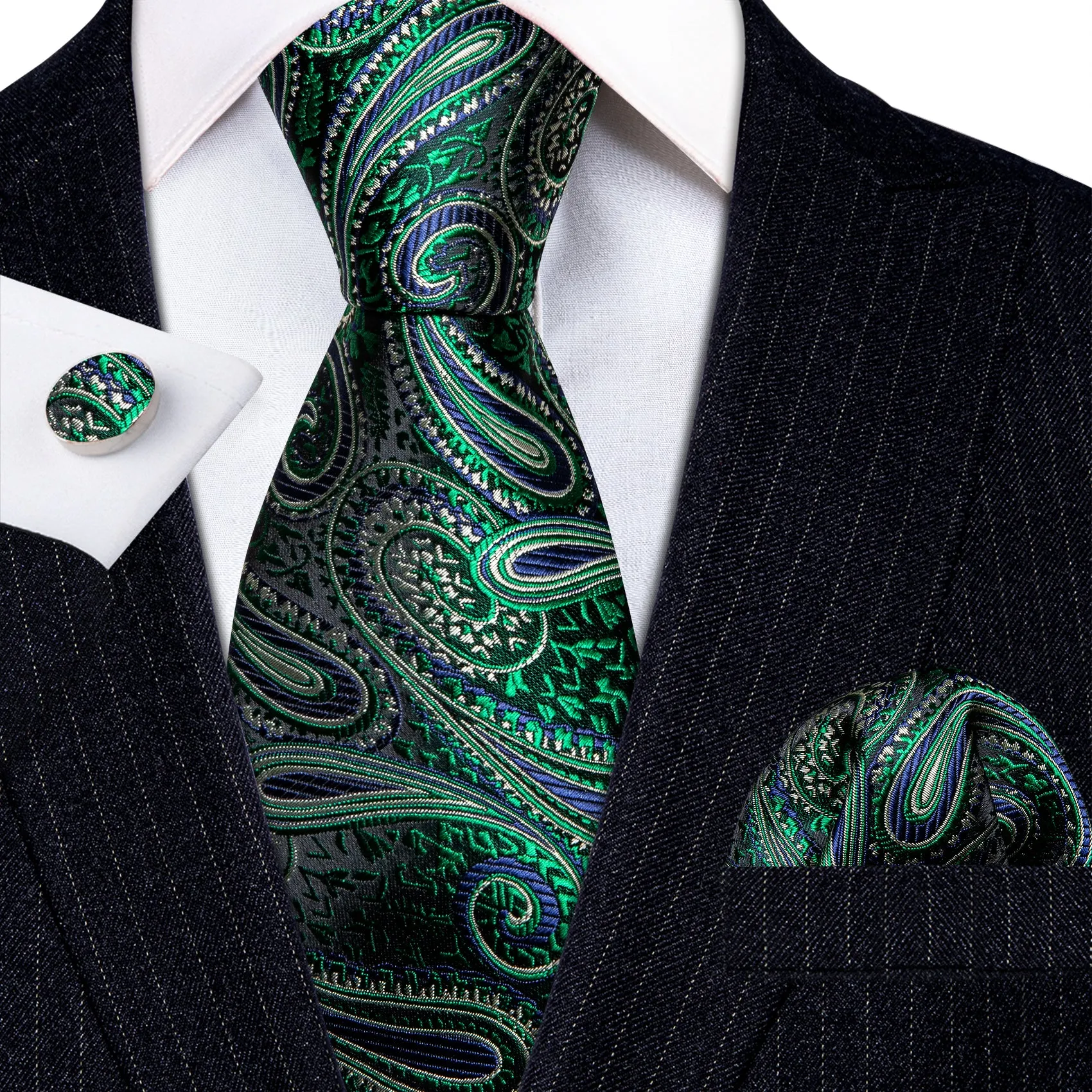 Barry. Wang Green Paisley Tie Jacquard Black Silk Necktie Hanky Cufflinks Set for Men Business sold by Barrywang product image thumbnail 2