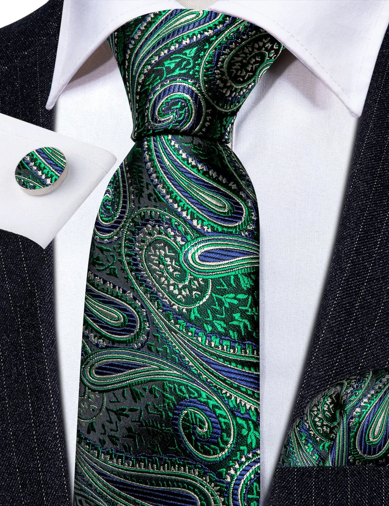 Barry. Wang Green Paisley Tie Jacquard Black Silk Necktie Hanky Cufflinks Set for Men Business sold by Barrywang product image thumbnail 4