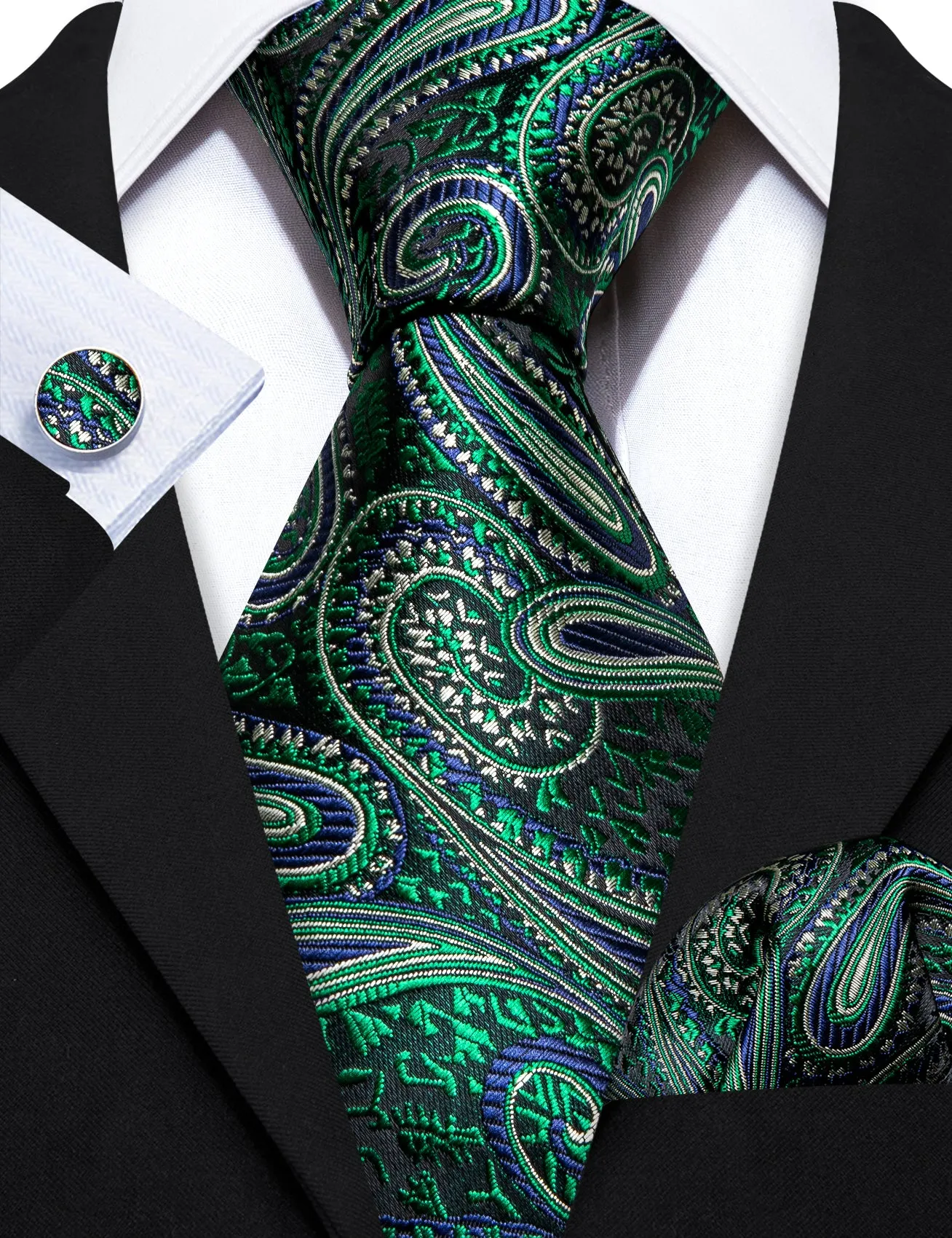 Barry. Wang Green Paisley Tie Jacquard Black Silk Necktie Hanky Cufflinks Set for Men Business sold by Barrywang product image thumbnail 5