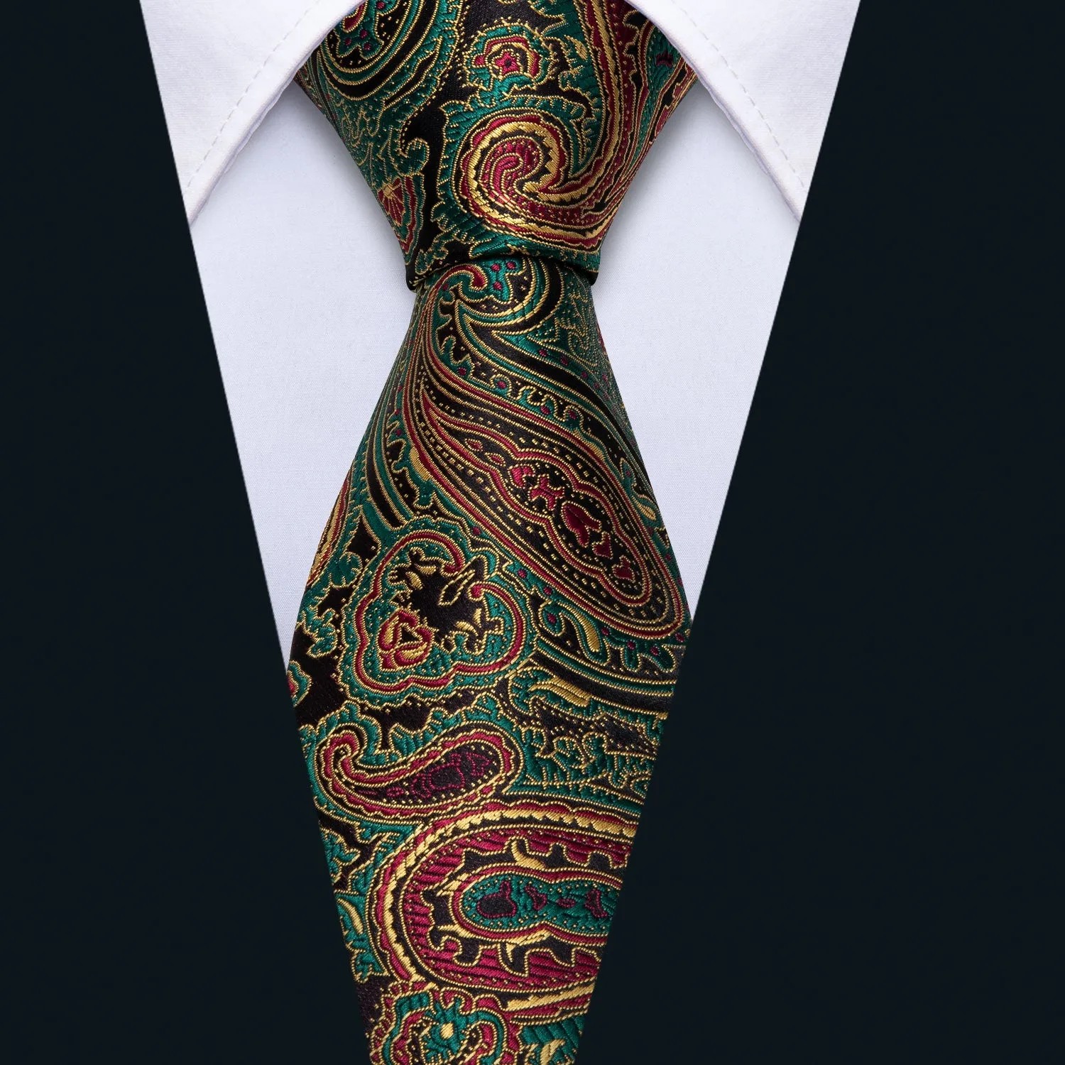 Barry. Wang Paisley Tie Silk Green Red Black Necktie Handkerchief Cufflinks Set for Business sold by Barrywang product image thumbnail 2