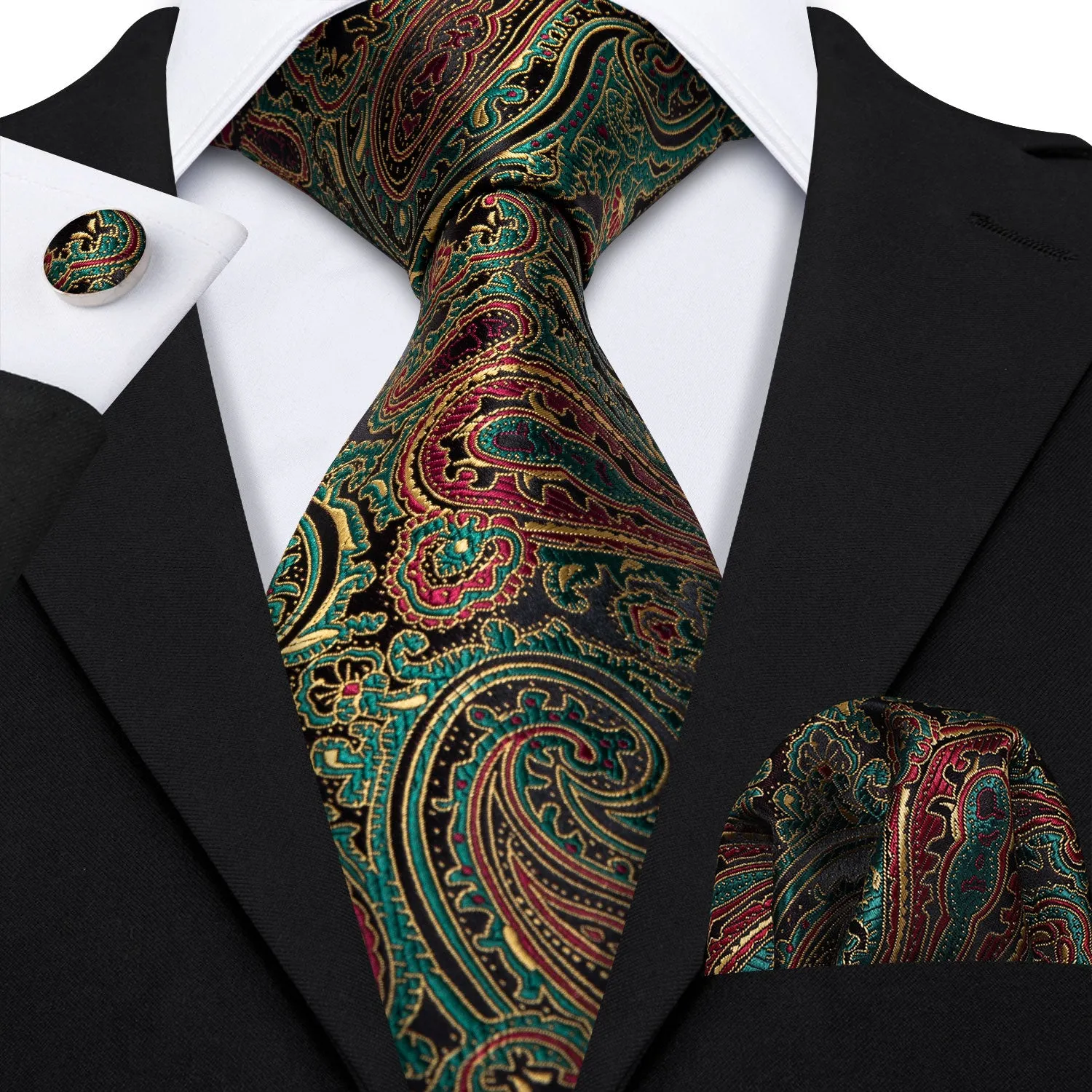 Barry. Wang Paisley Tie Silk Green Red Black Necktie Handkerchief Cufflinks Set for Business sold by Barrywang