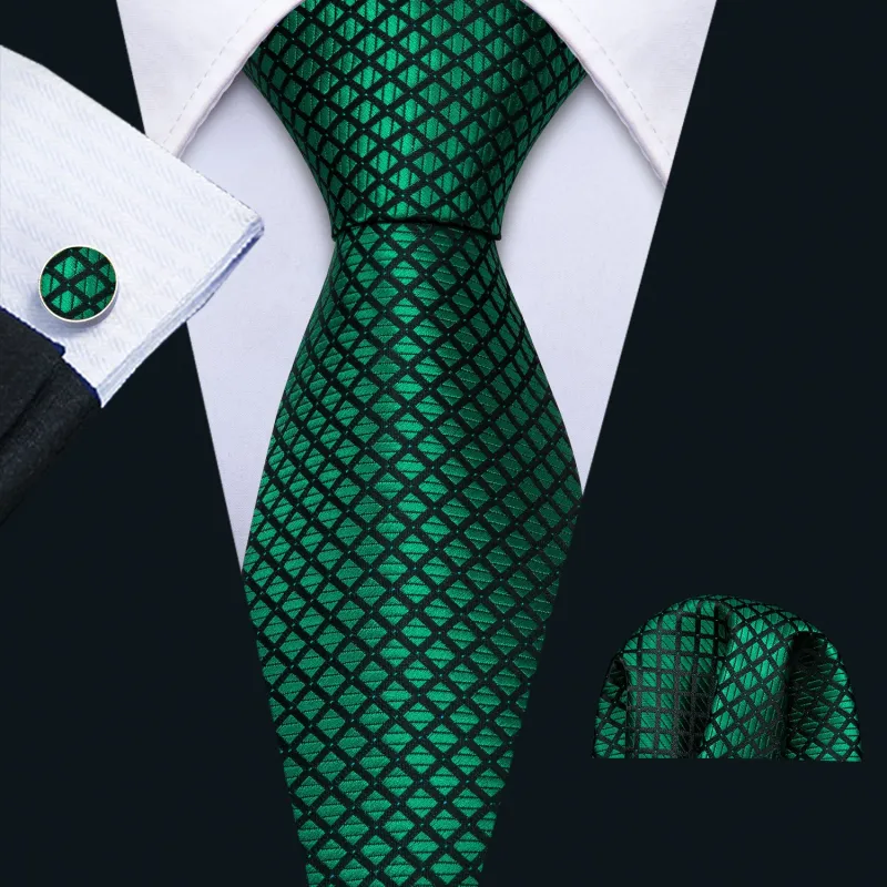 Barry. Wang Emerald Green Tie Plaid Silk Necktie Hanky Cufflinks Set for Men sold by Barrywang